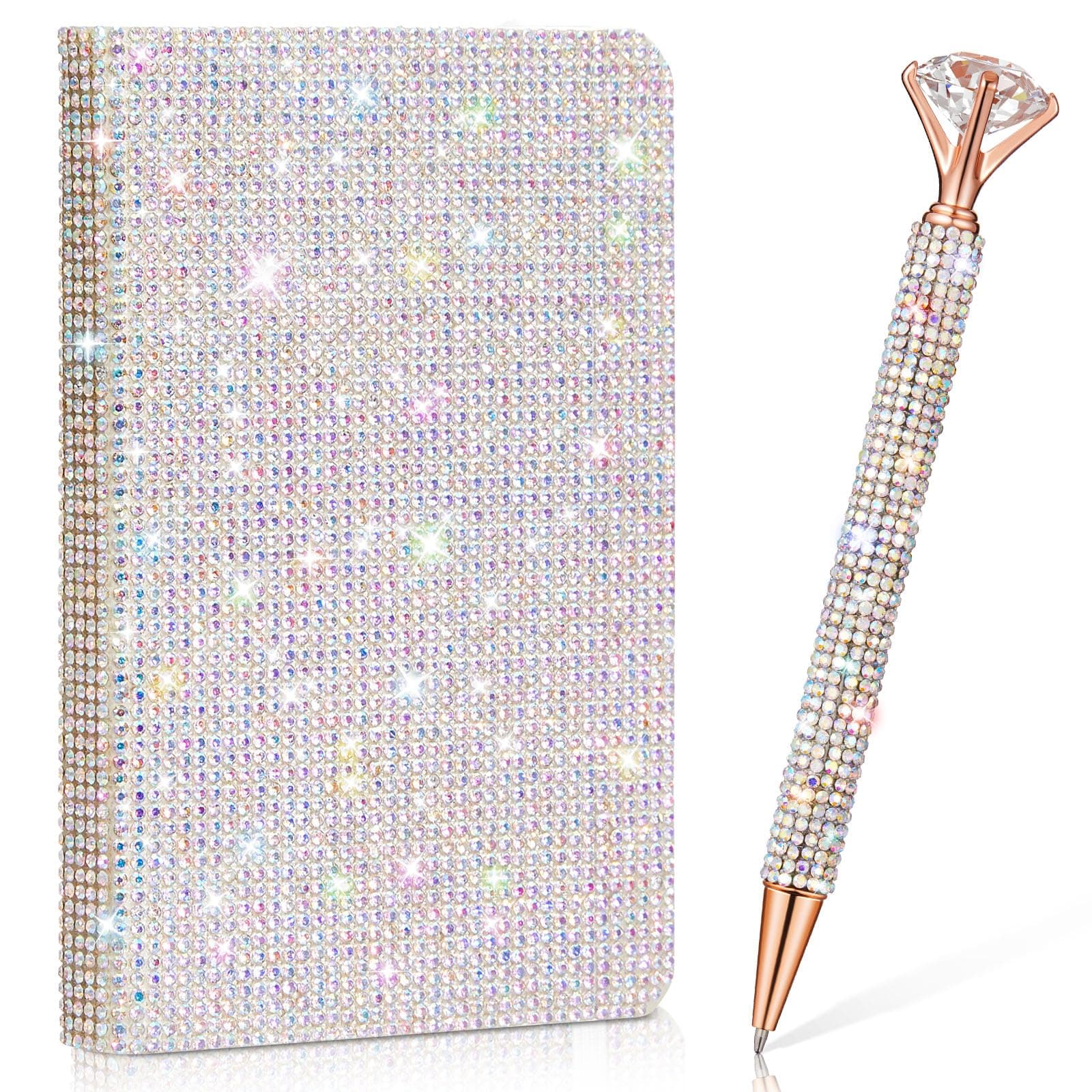 Rhinestone Notebook Pen Sets Glitter Pocket Notebook Crystal Pens Mini Diamond Journal Hardcover Bling Diary Office Desk Accessories for Women Birthday Gift(Rhinestone,A6,Silver)