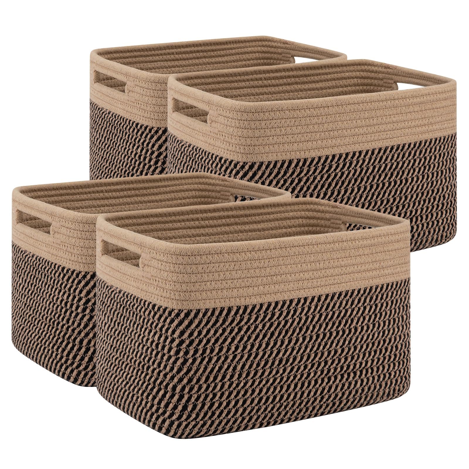 4 Pack Shelf Baskets for Organizing Home - Perfect for Toys, Books, and Clothes, Versatile Woven Storage Baskets with Handles, Cube Storage Bins, 13''L x9''W x7.8''H, Black and Brown