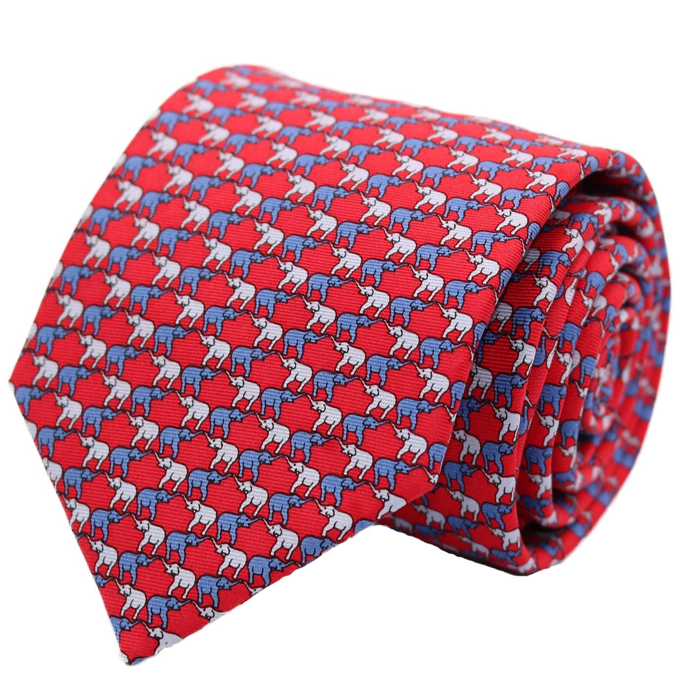 100% Silk Necktie Men's Handmade Necktie Animal Print with Gift Box, Elephant - Scarlet Red with Sky Blue & Navy, Regular Length - 59", Elephant - Scarlet Red with Sky Blue & Navy
