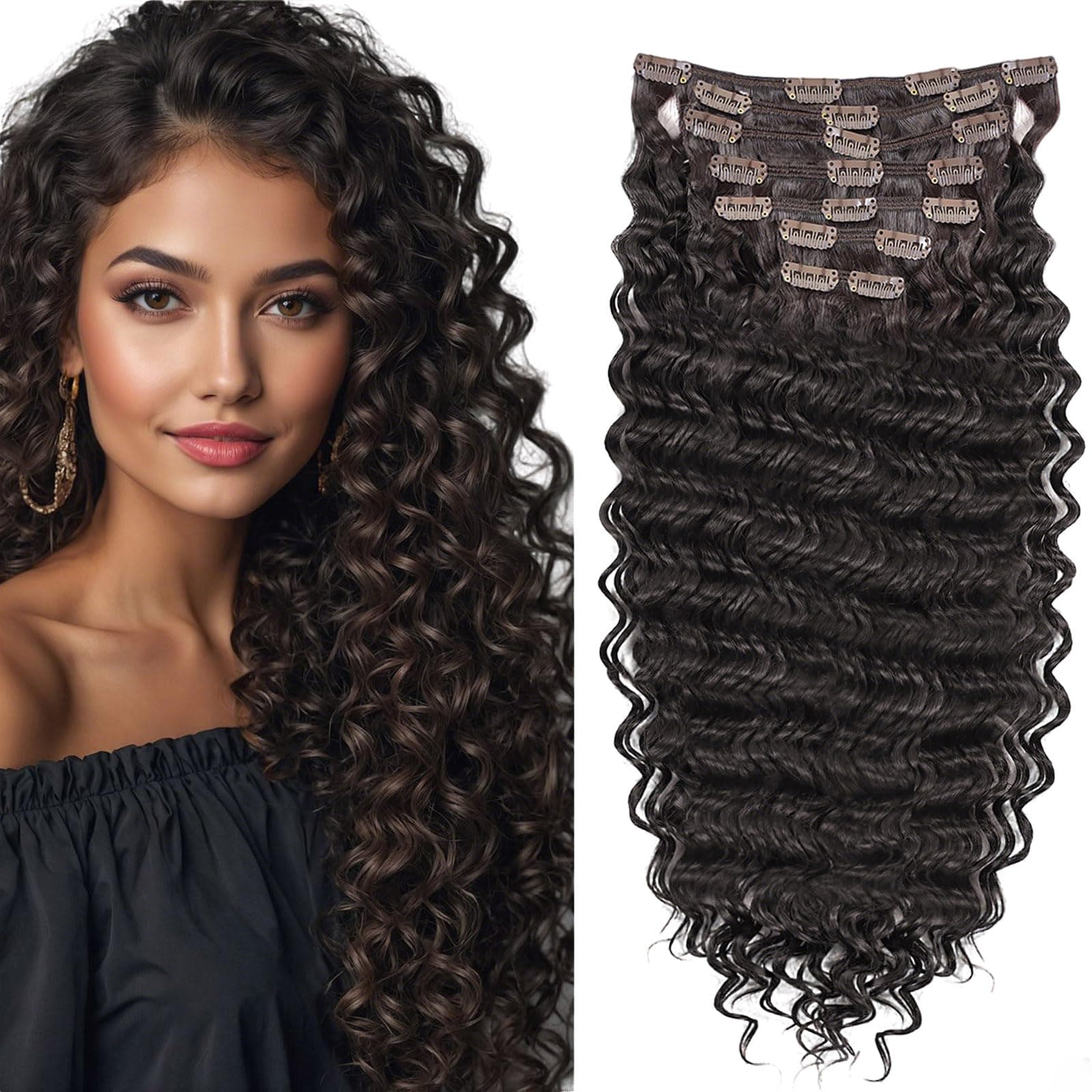 fashion icon hair Deep Wave, Dark Brown 2# : Clip In Hair Extensions Synthetic Hair Clip In 140G 7Pcs/Lot Japanese Heat Resistant Fiber Hairpieces Deep Wave/Body Wave/Straight Hair (Deep Wave, Dark
