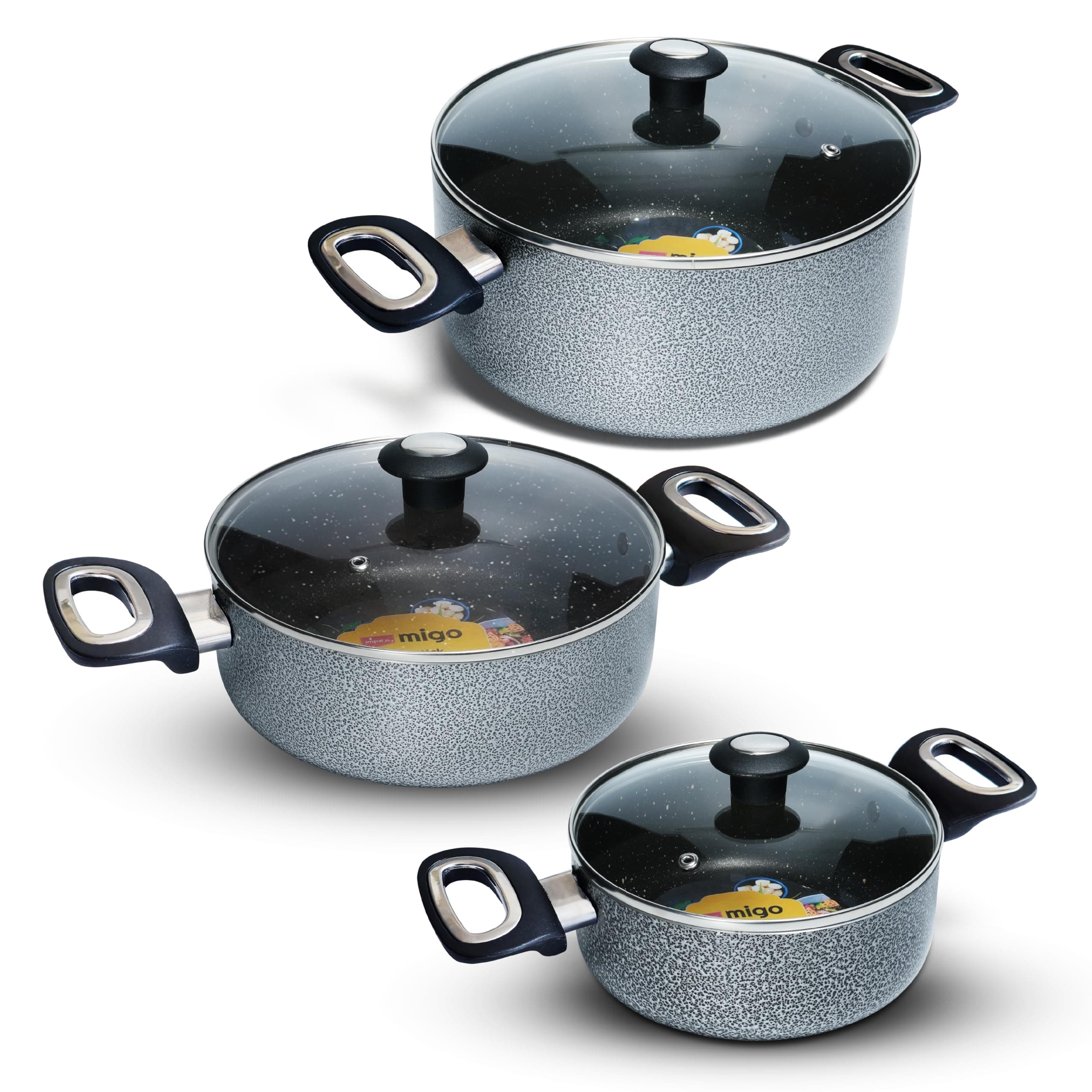 Cook and Serve Casserole Set 6 Pcs Nonstick Granite Cookware Set with Glass Lid | Sauce Pans Combo with Induction Bottom | Non-Stick Cookware Set | Aluminium Casserole Set 4.6L, 2.7L and 1.9L