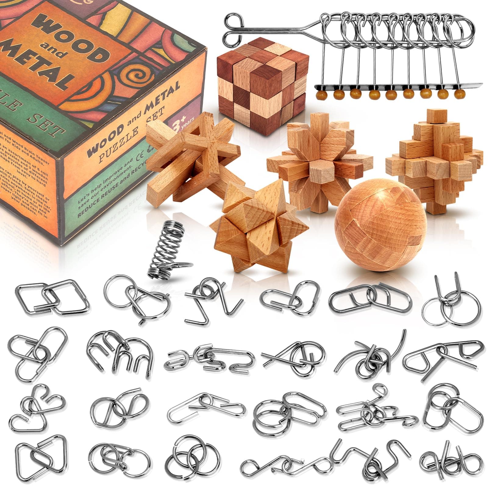 Brain Teaser Wooden Metal Puzzles - Easter Gifts for Kids Teens Brain Teaser Disentanglement Iron Link Unlock Interlock Game Chinese Ring Magic Trick Toy for Party Favors Kids Adults Challenge 32pack