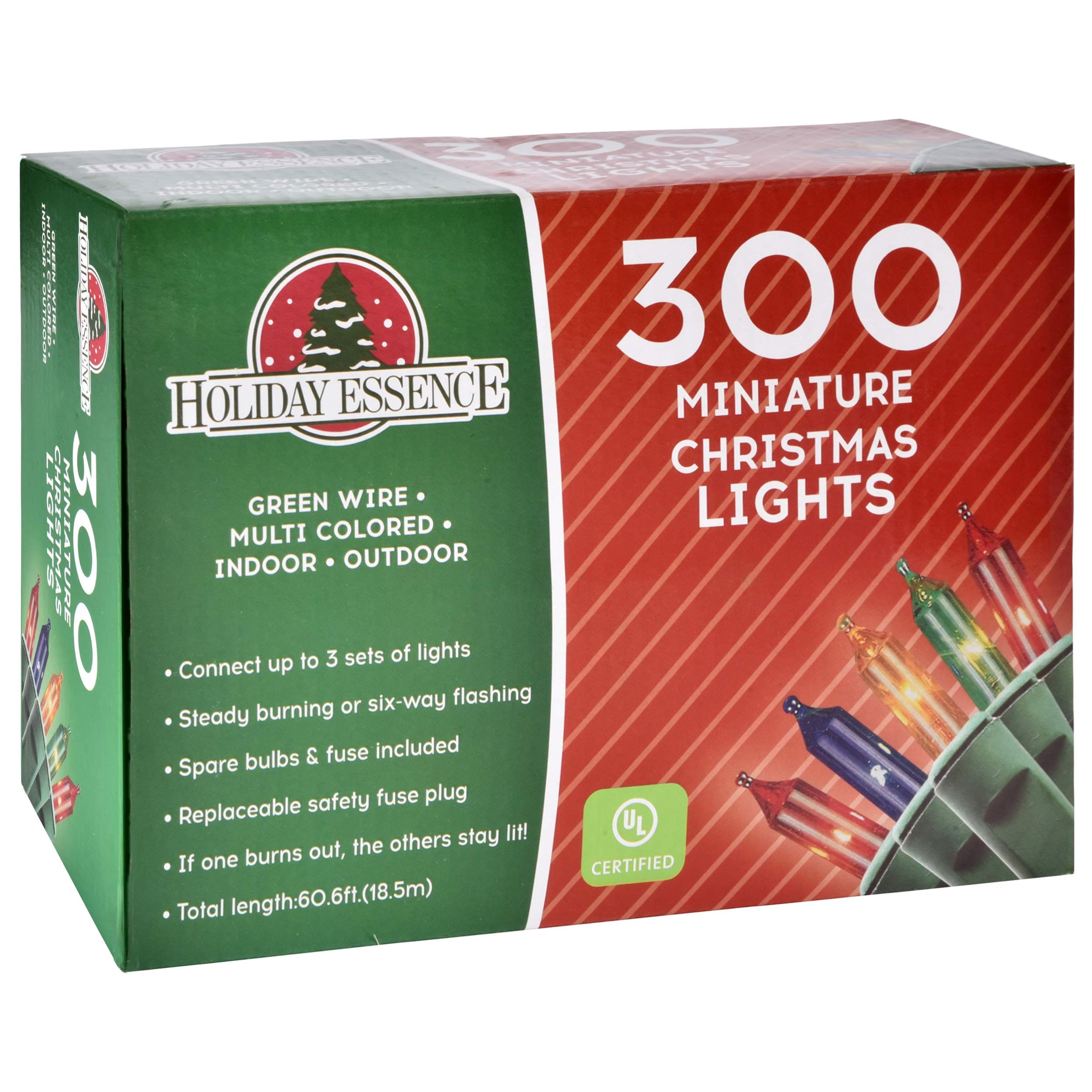 Holiday Essence 300 Multi-Color Christmas Lights, with Green Wire – Professional Grade for Indoor/Outdoor Use – Static + Flashing