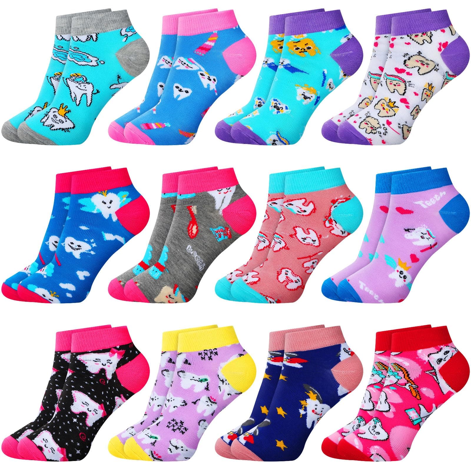 Mepase 12 Pairs Women Teeth Socks Dentist Socks Dental Assistant Gift Oral Hygienist Sock Novelty Teeth Ankle Sock for Women Dentist Dental Assistant Hygienist Christmas Stocking Stuffers Party Gift,