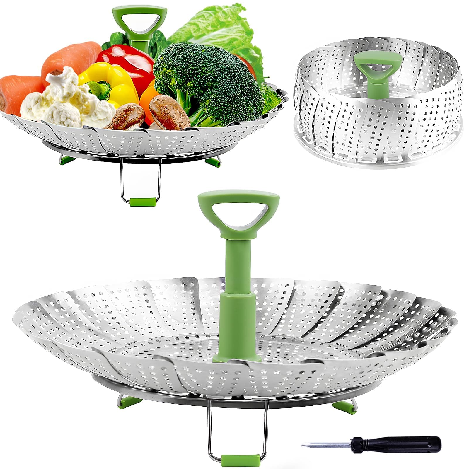 Consevisen Stainless Steel Vegetable Steamer Basket, Expandable 5.1" to 9", Folding Steamer Insert for Veggie, Fish, Seafood Cooking, Silver/Green