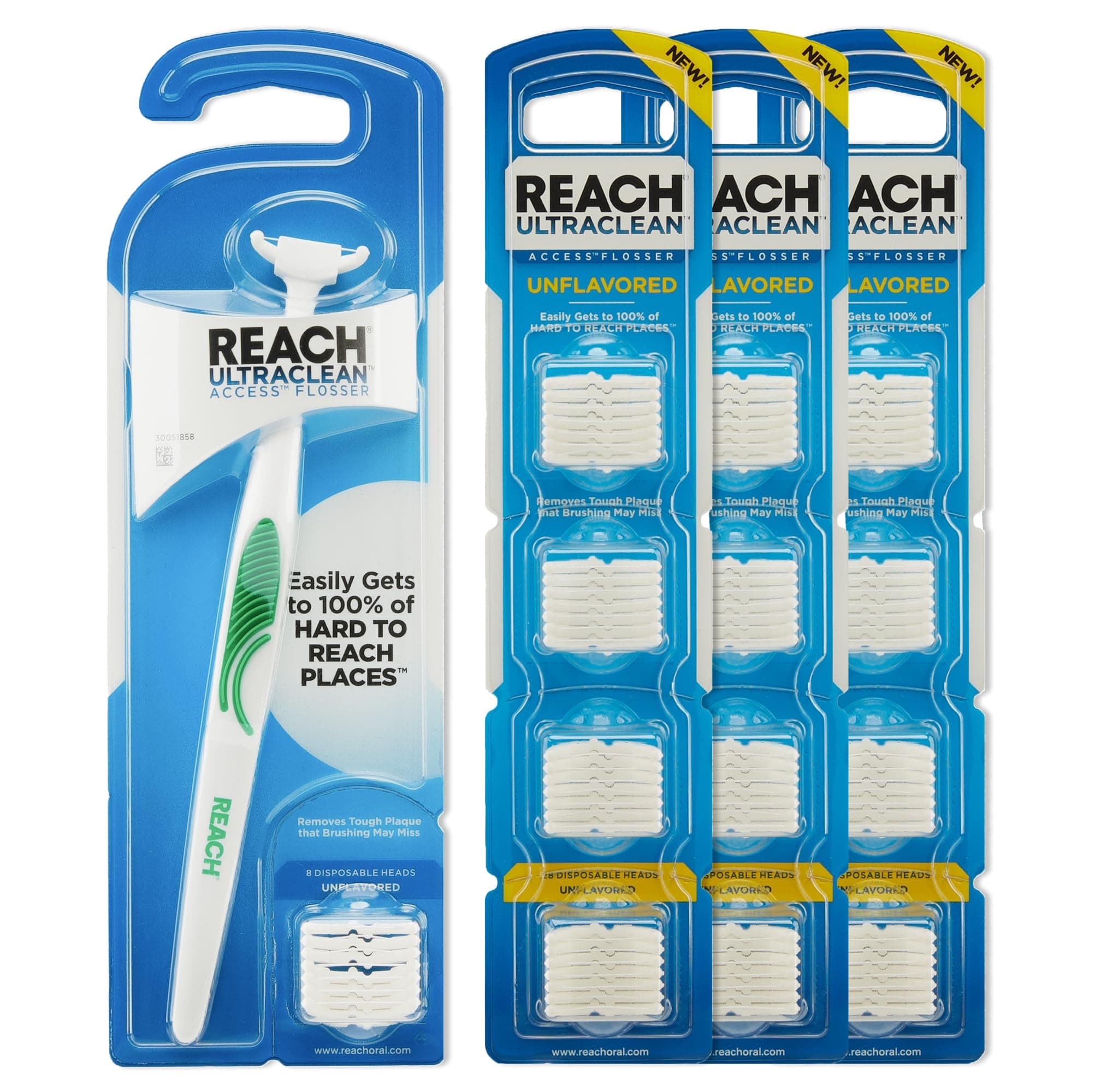 Reach Ultraclean Access Flosser Bundle, Unflavored, Plaque Remover for Teeth, for Hard to Reach Areas, Oral Care, PFAS-Free, 1 Flosser Starter Kit + 3 Packs Refill Heads