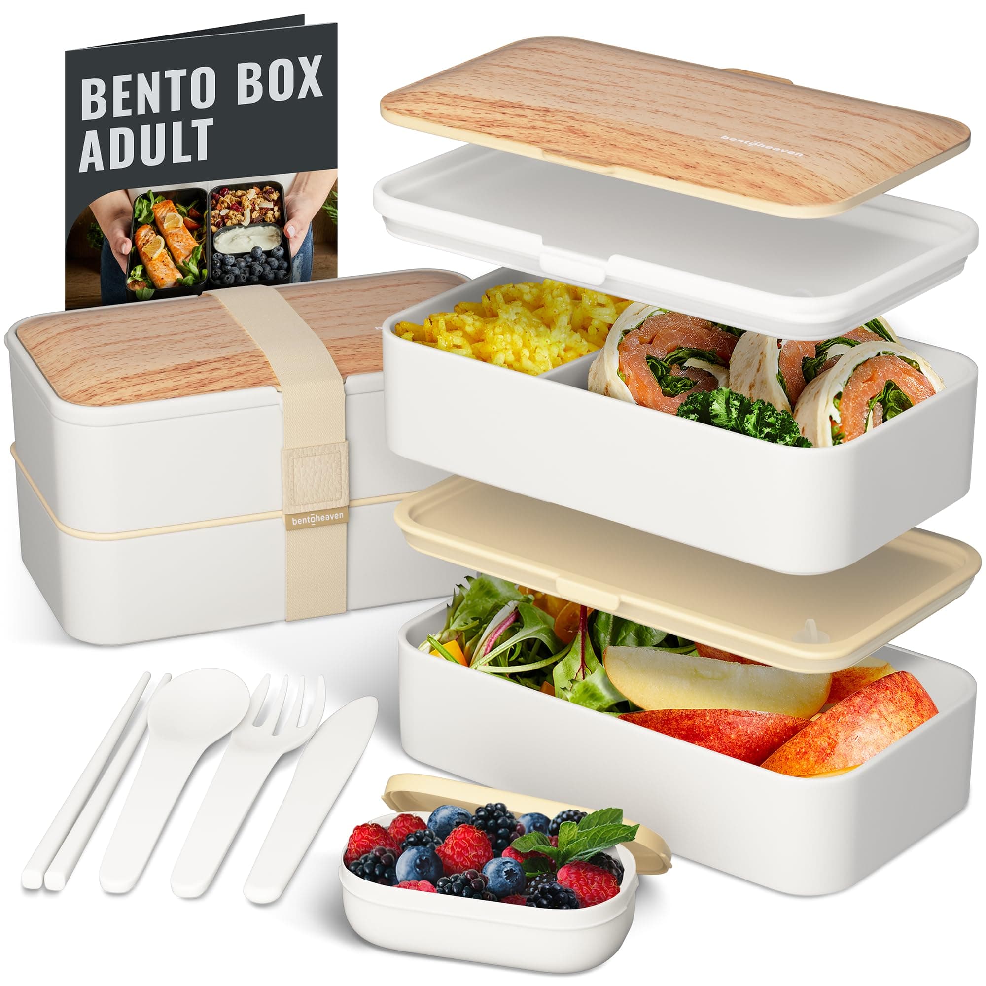 Bentoheaven Premium Bento Box Adult Lunch Box with Compartments for Women & Men, Set of Utensil & Chopsticks & Dip Container, Cute Japanese Kids Bento Lunch Box, Microwavable (Bright Light)