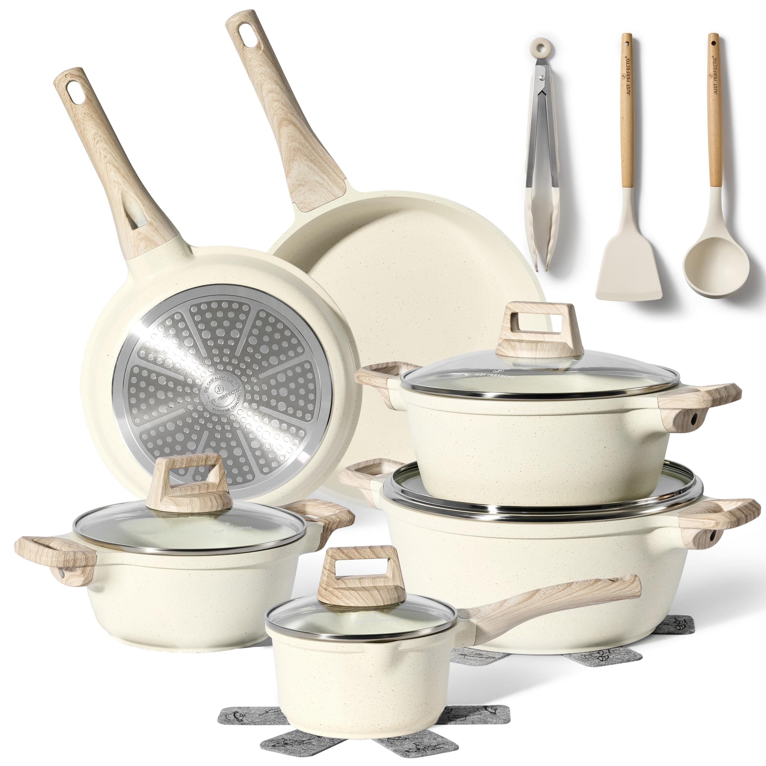 JUST PERFECTO HOUSEHOLD APPLIANCES Induction Pan Set with Lid - Pan 24 cm, Frying Pan 28 cm - Cooking Pot Set 28 cm Non-Stick Pan without PTFE and Pfoa (White)