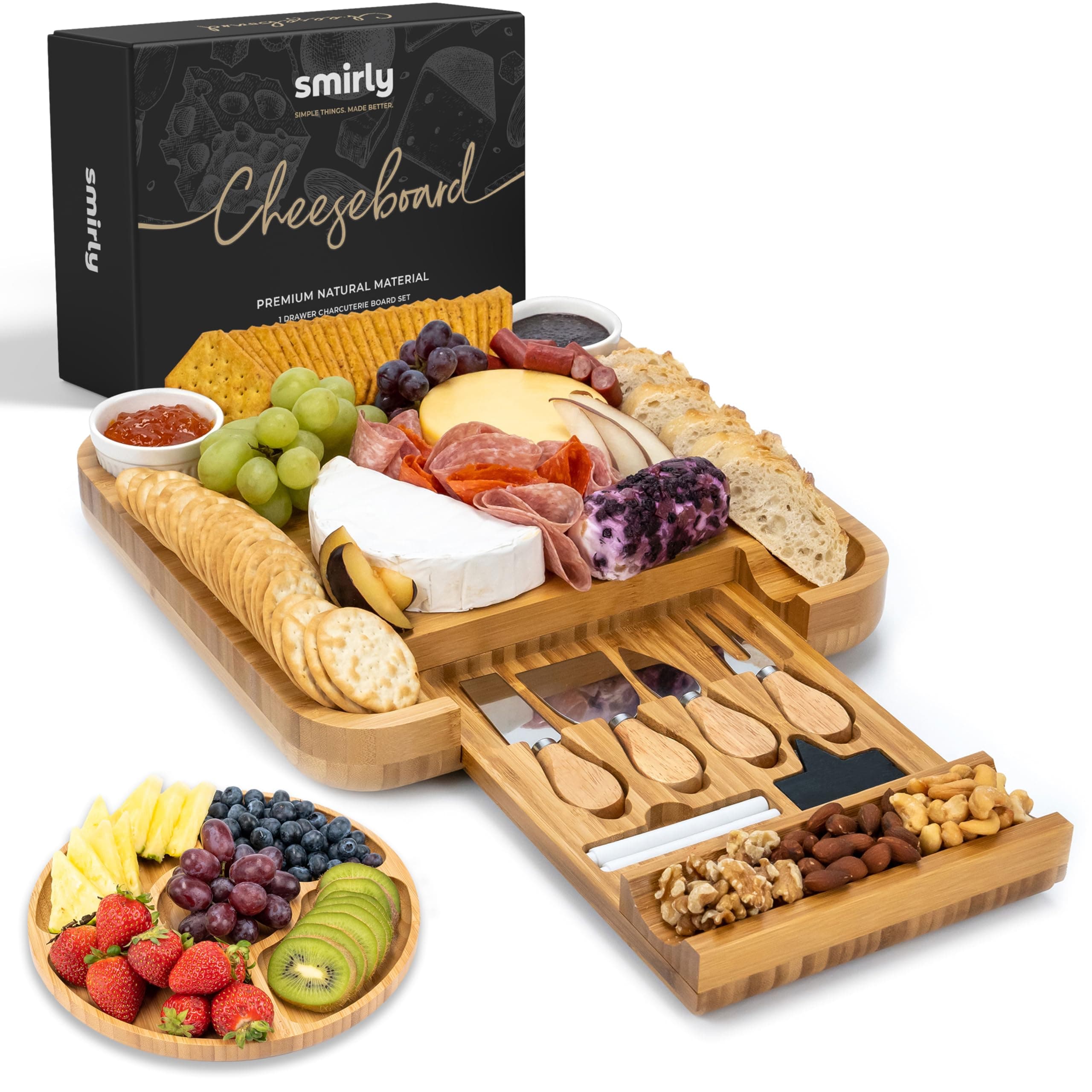 SMIRLY Bamboo Cheese Board and Knife Set: Extra Large Charcuterie Boards Set & Accessories, Unique House Warming Gifts