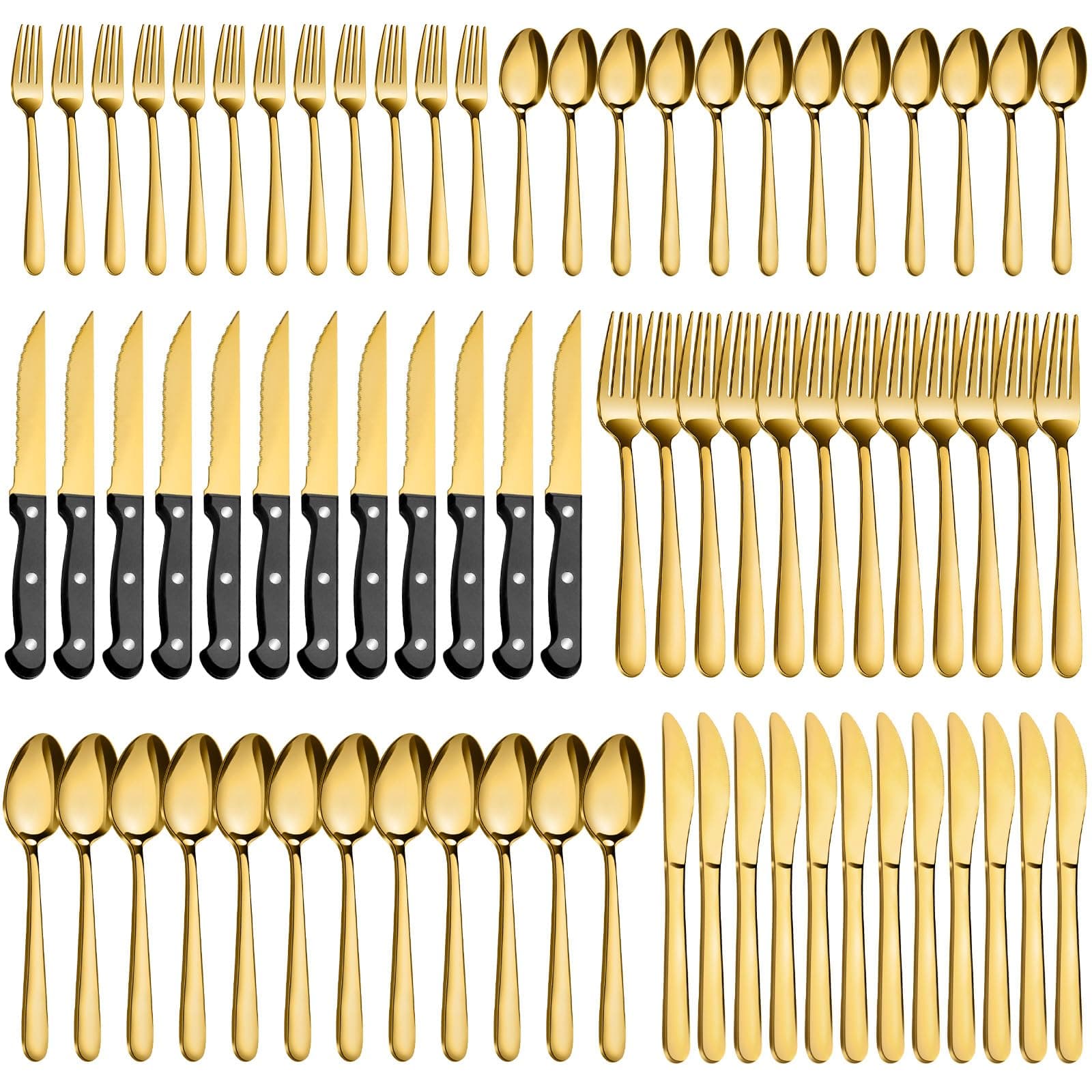 Pleafind 72Pcs Gold Silverware Set for 12 - Dishwasher Safe, Flatware Set with Steak Knives, Stainless Steel Cutlery Set, Include Forks Spoons and Knives Set, Utensil Sets for Home Restaurant