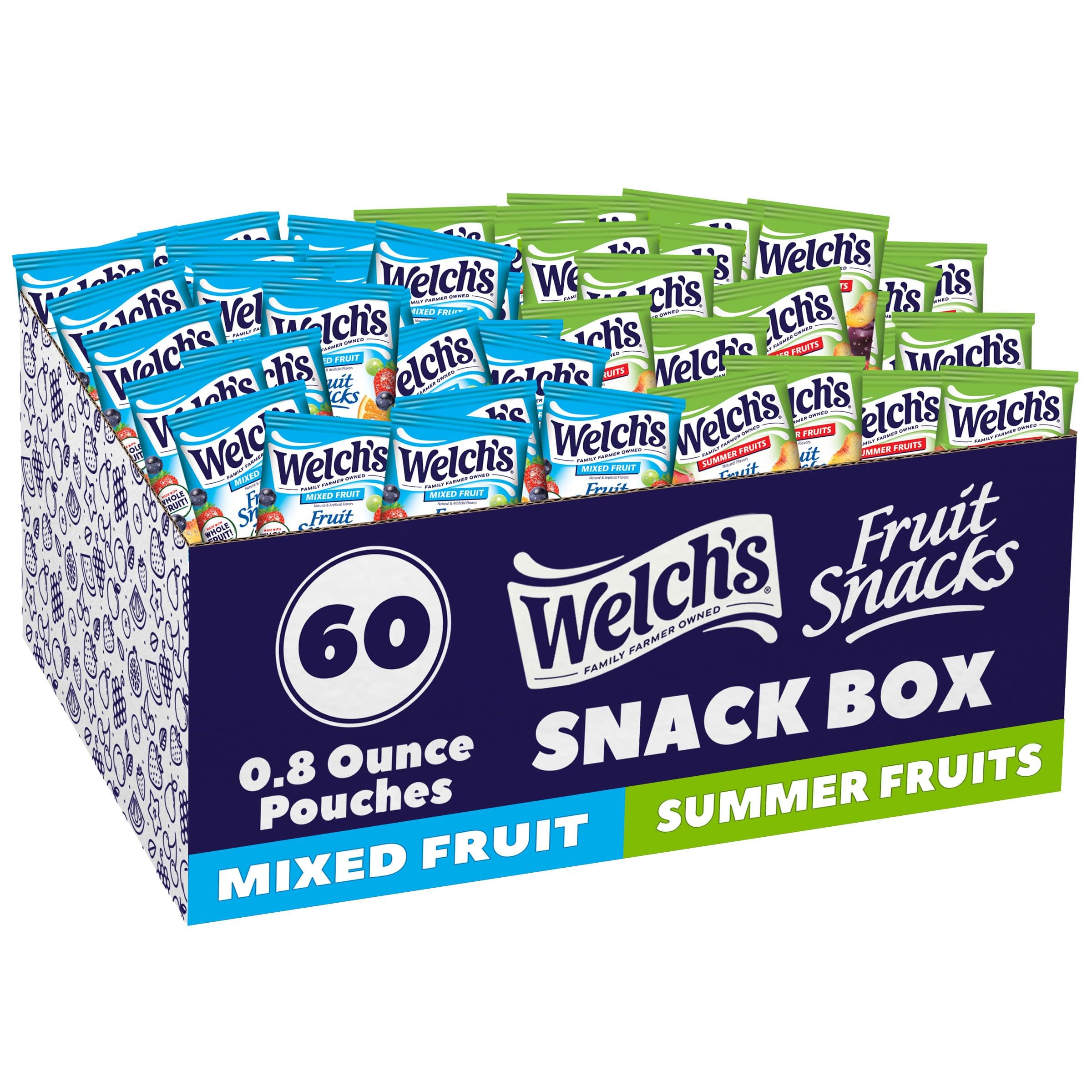 Welch's Fruit Snacks, Mixed Fruit & Summer Fruits Variety Pack, Great for School Lunches, Bulk Pack, Individual Single Serve Bags, 0.8 oz (Pack of 60)