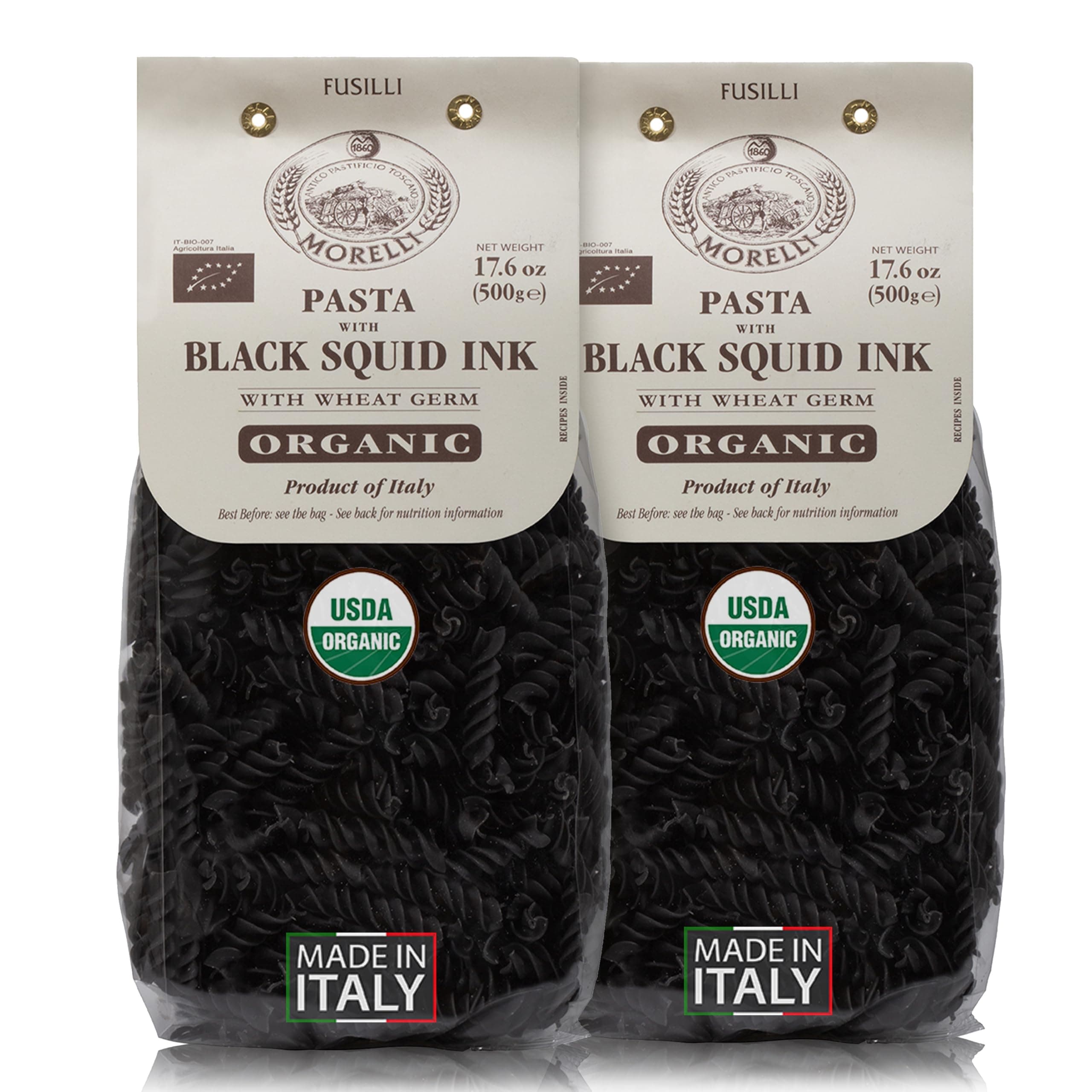 Morelli Squid Ink Black Pasta Noodles Fusilli (Rotini) - Organic Italian Pasta, Durum Wheat Semolina, Nero Di Seppia Made in Italy - 1.1 lb (500g) (2 pack)