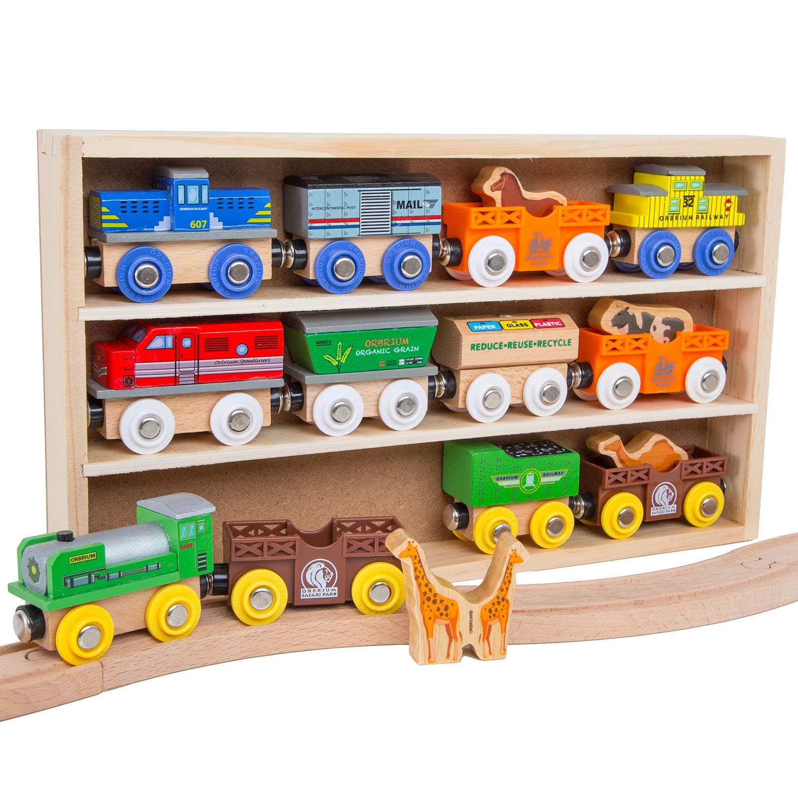 ORBRIUM Wooden Train Set 12 Magnetic Train Cars & Engines 18 PCS Collection Animal Trains Circus Farm Safari Zoo Compatible w Thomas Brio Melissa & Doug Wooden Railway for Toddlers Kids