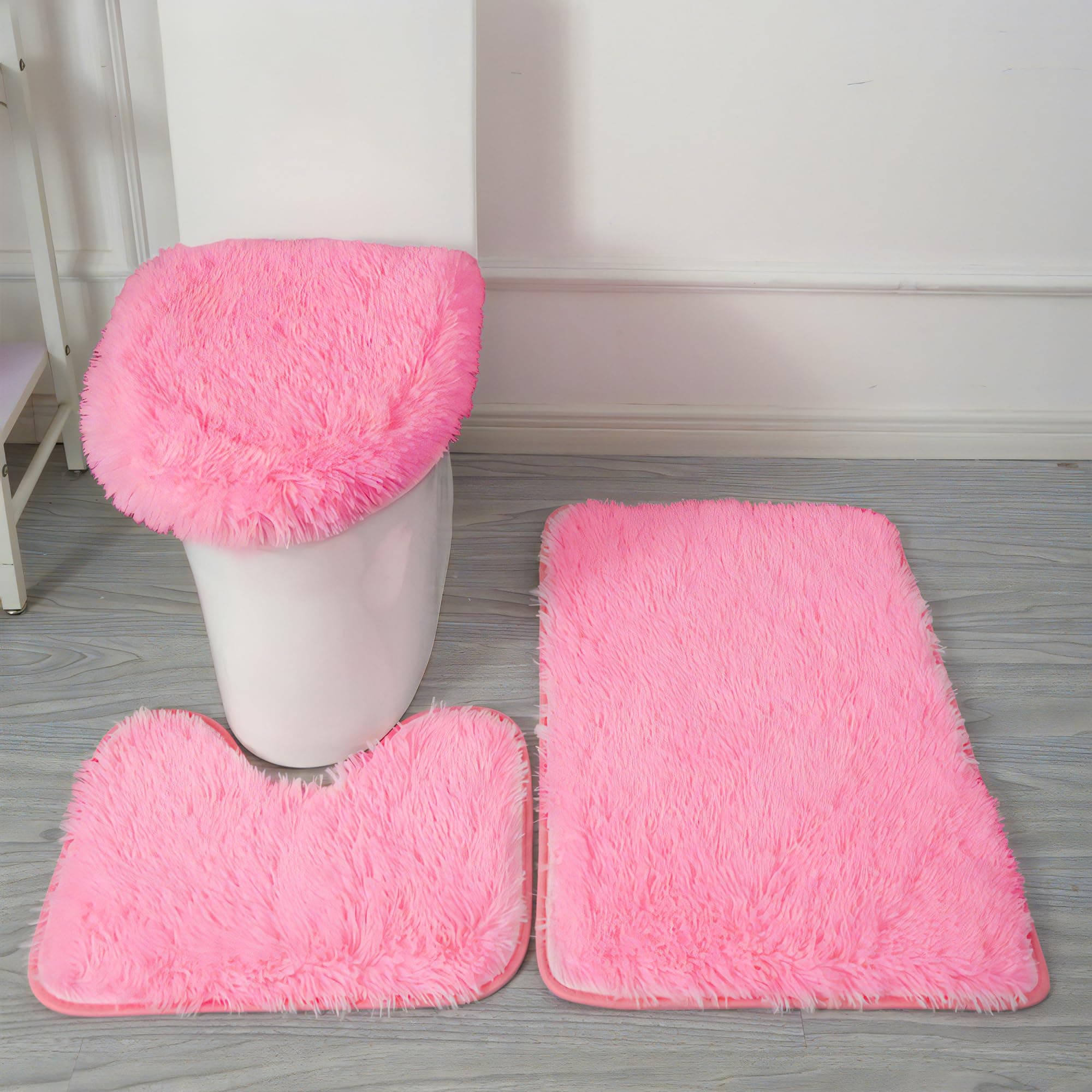 Eanpet Pink Bathroom Rugs Sets 3Piece Bath Mat Solid Bath Rug Floor Mats Washable Shower Rug with U-Shaped Contour Rug Toilet Lid Cover