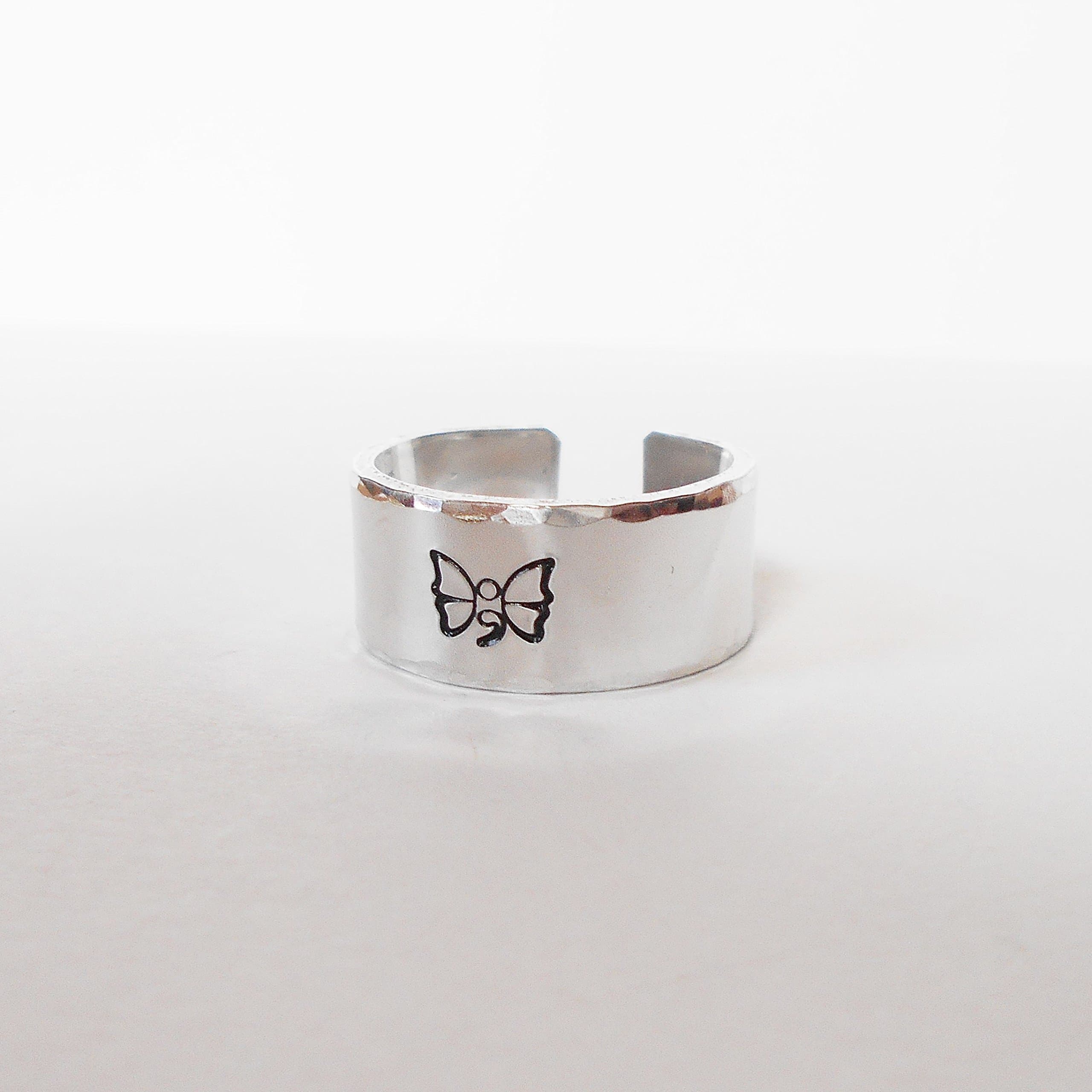 Butterfly Semi Colon Hand Stamped Aluminium Adjustable Wide Cuff Ring