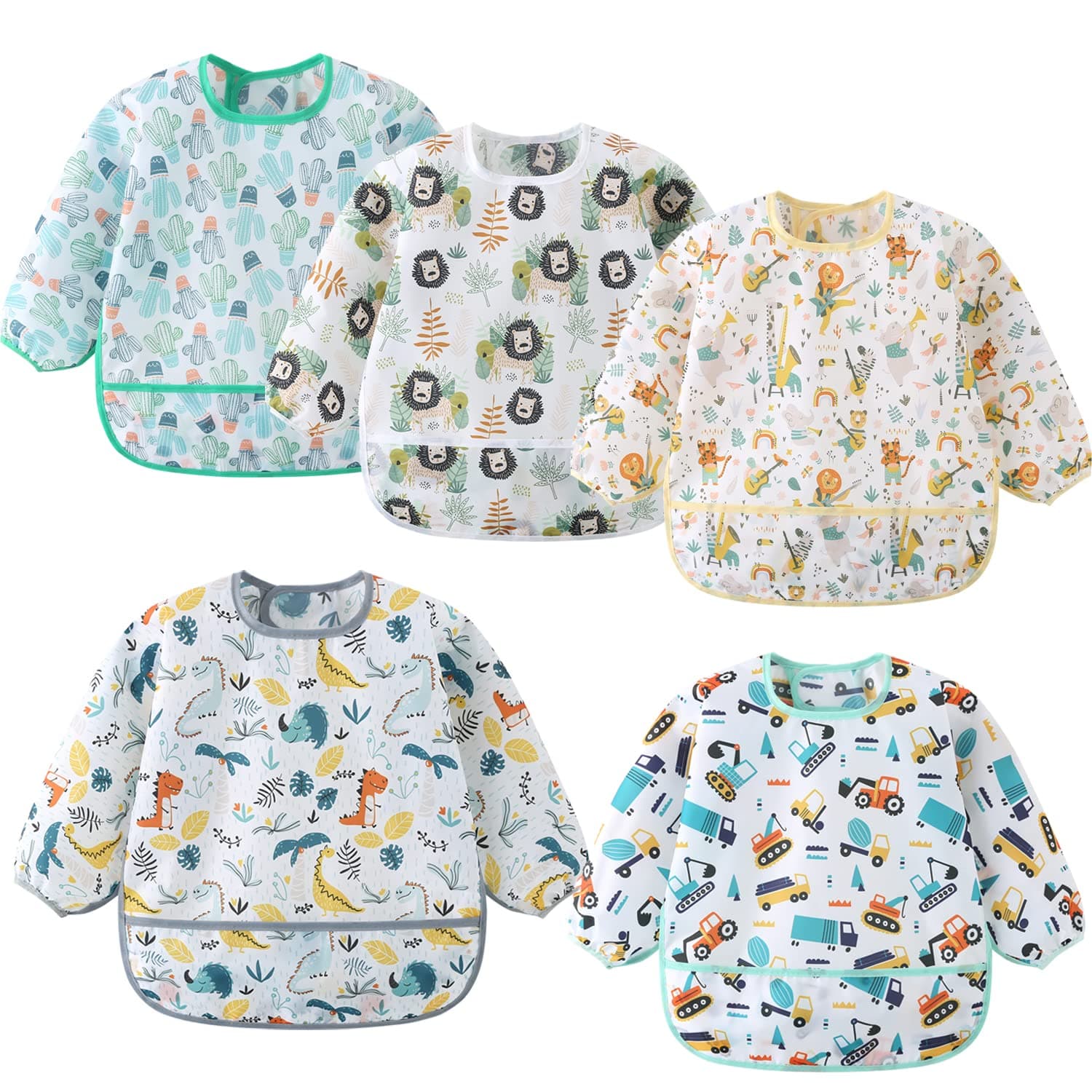 5 Pack Long Sleeve Bib,Baby Toddler Waterproof Sleeved Bib for 6-30 Months Reusable with Catch-all Pocket