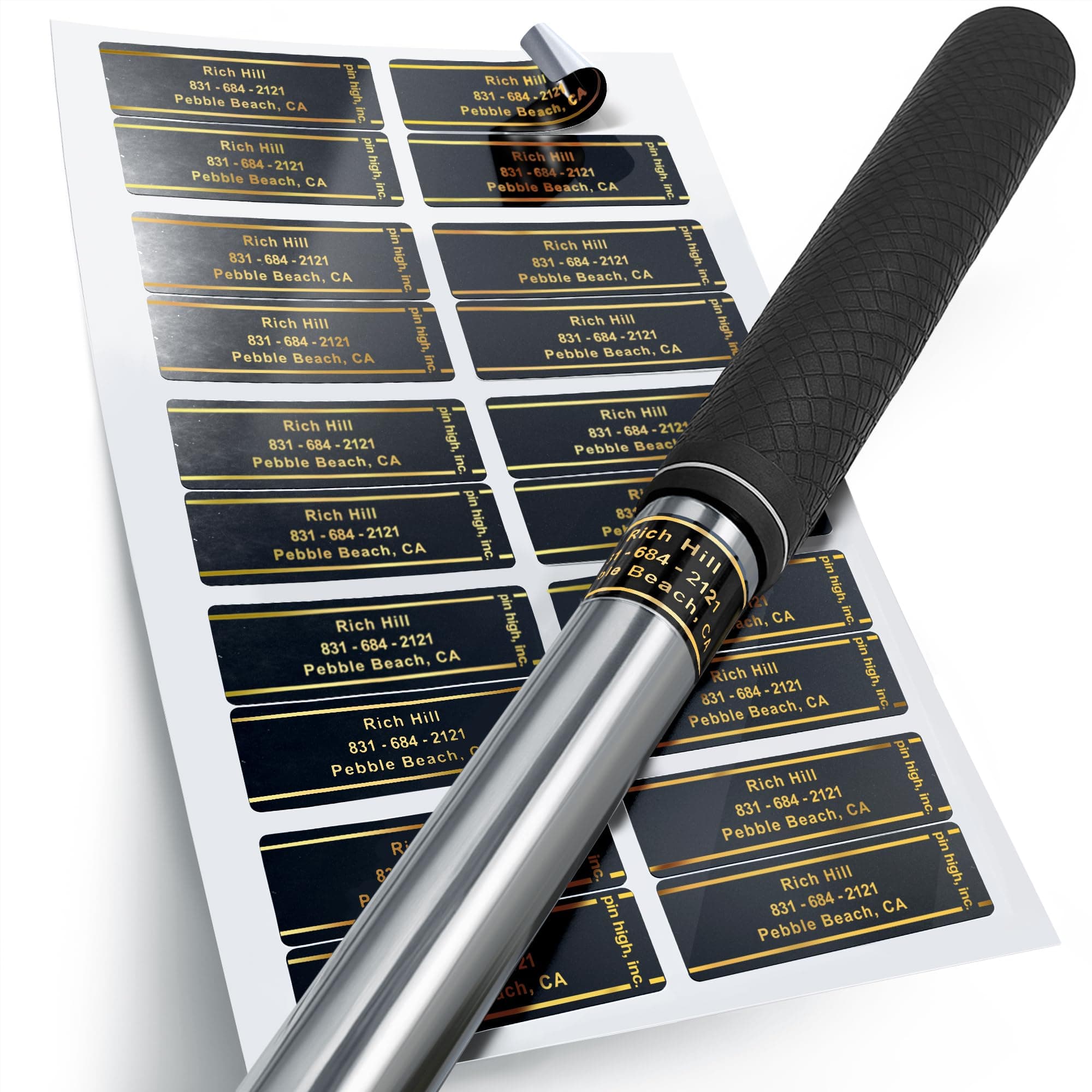 PIN HIGH 20 Personalized Golf Club ID Labels | Weatherproof, Fade Resistant, Laminated Thermal Transfer Labels, Made in The USA, (Free Customization & Shipping), Black
