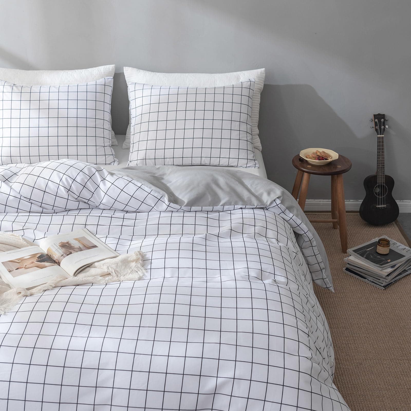 Queen/Full Duvet Cover Set Cotton Bedding Set Collection with 2 Pillow Shams Grey White Chequered Style