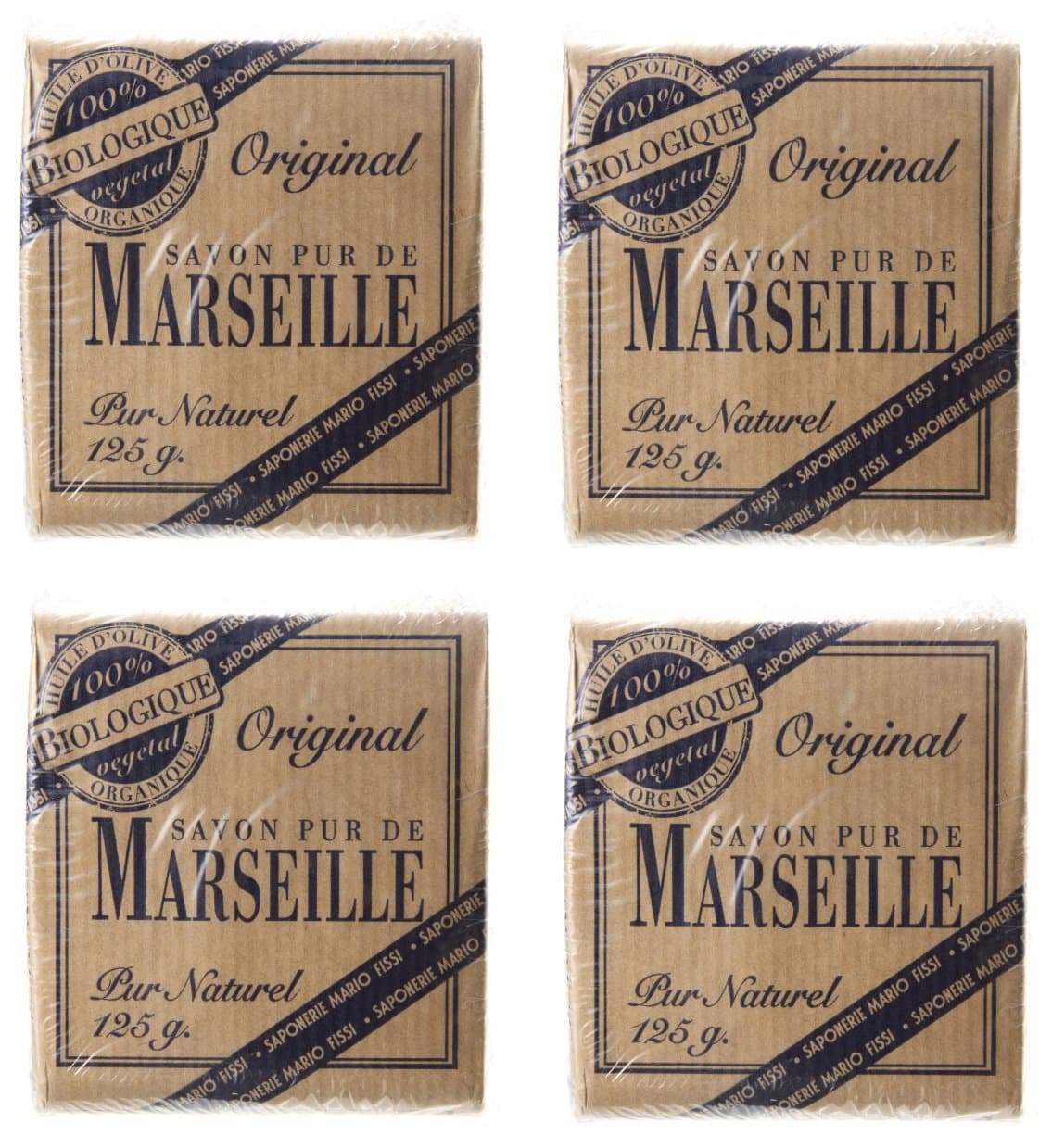 Set of 4 Pure Natural Marseille Soaps 4.4 Ounce (125gr) Packages (Pack of 4) [ Italian Import ]