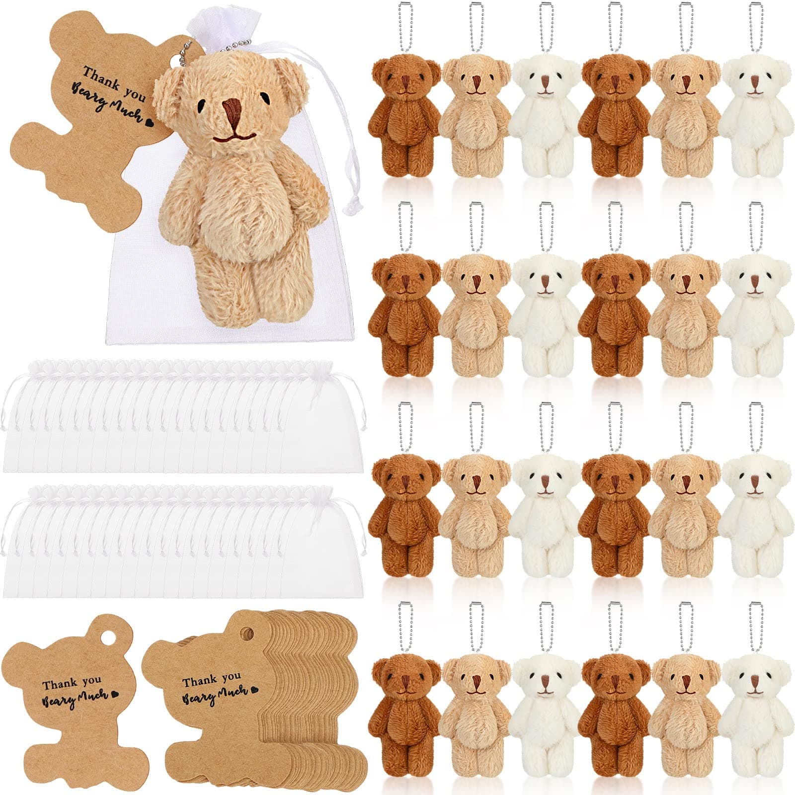 Sotiff 24 Sets Valentines Mini Bears 2.36 Inch Stuffed Plush Tiny Bear with Thank You Tag and White Organza Bag for Baby Shower Boy Girl DIY Birthday Party
