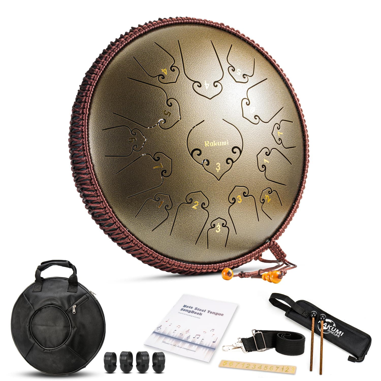 Rakumi 14 Inch 15 Note Steel Tongue Drum Percussion Instrument Lotus Hand Pan Drum with Ultra Wide Range and Drum Mallets Carry Bag