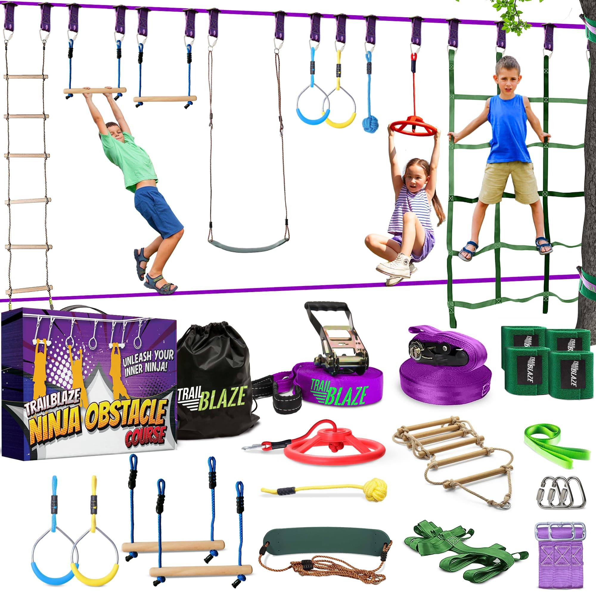 Ninja Warrior Obstacle Course for Kids Workout Equipment - 2 x 55ft Slacklines with 10 Weatherproof & Durable Obstacles - Cargo Net, Monkey Bars, Rope Ladder & More - Ninja Course for Kids Outside