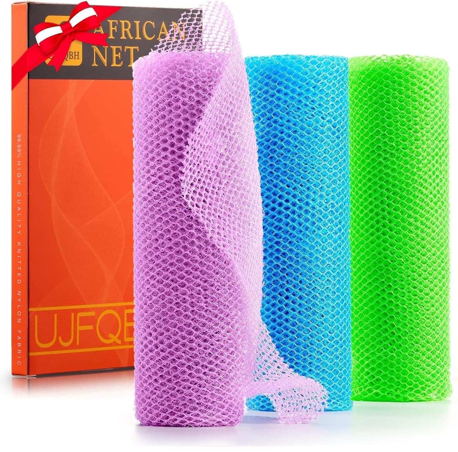 UJFQBH 3 Pieces African Bath Sponge African Net Long Net Bath Sponge Exfoliating Shower Body Scrubber Back Scrubber Skin Smoother,Great for Daily Use (Pale Purple, Blue, Green)