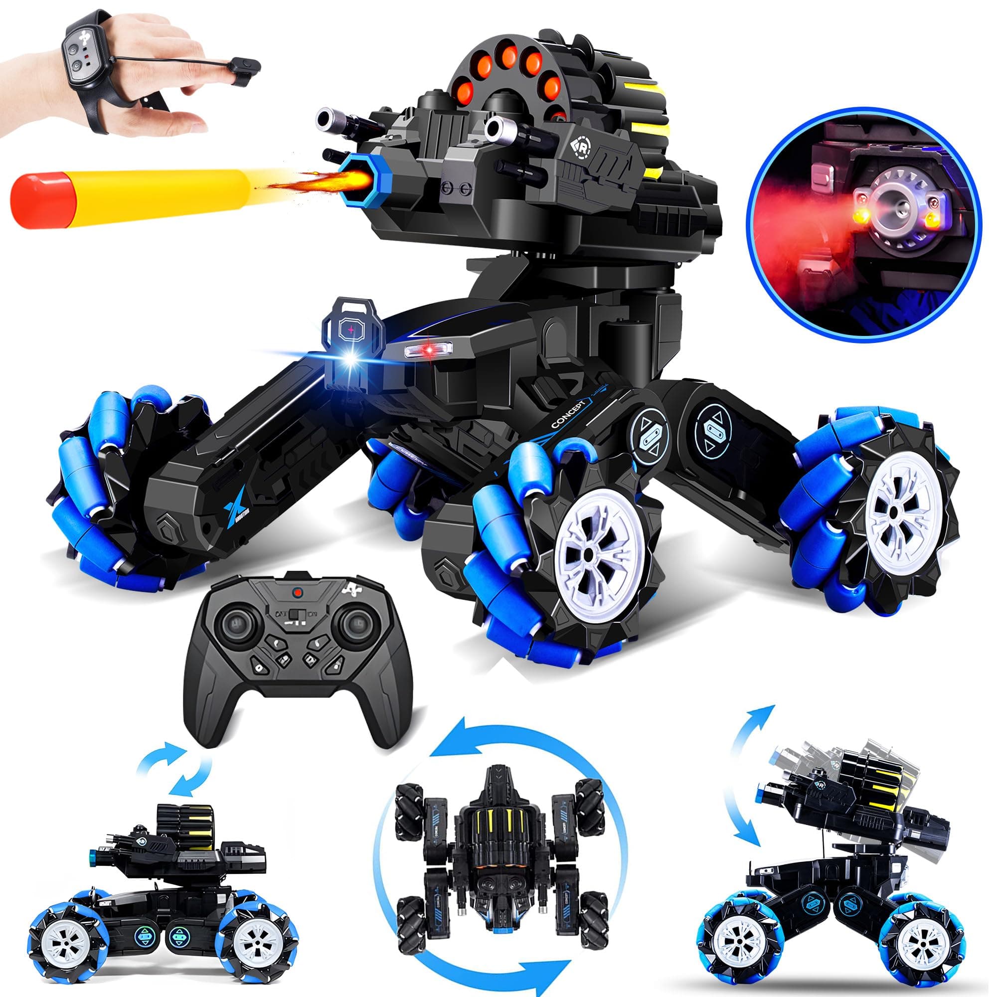 ROHSCE Gesture Sensing RC Tank, 2.4GHz Battle Stunt Toy Tanks with Soft Bullets Off Road Hand Control Car Drift Remote Control Trucks for Boys & Girls 8-12, Twist Cars with Light Music