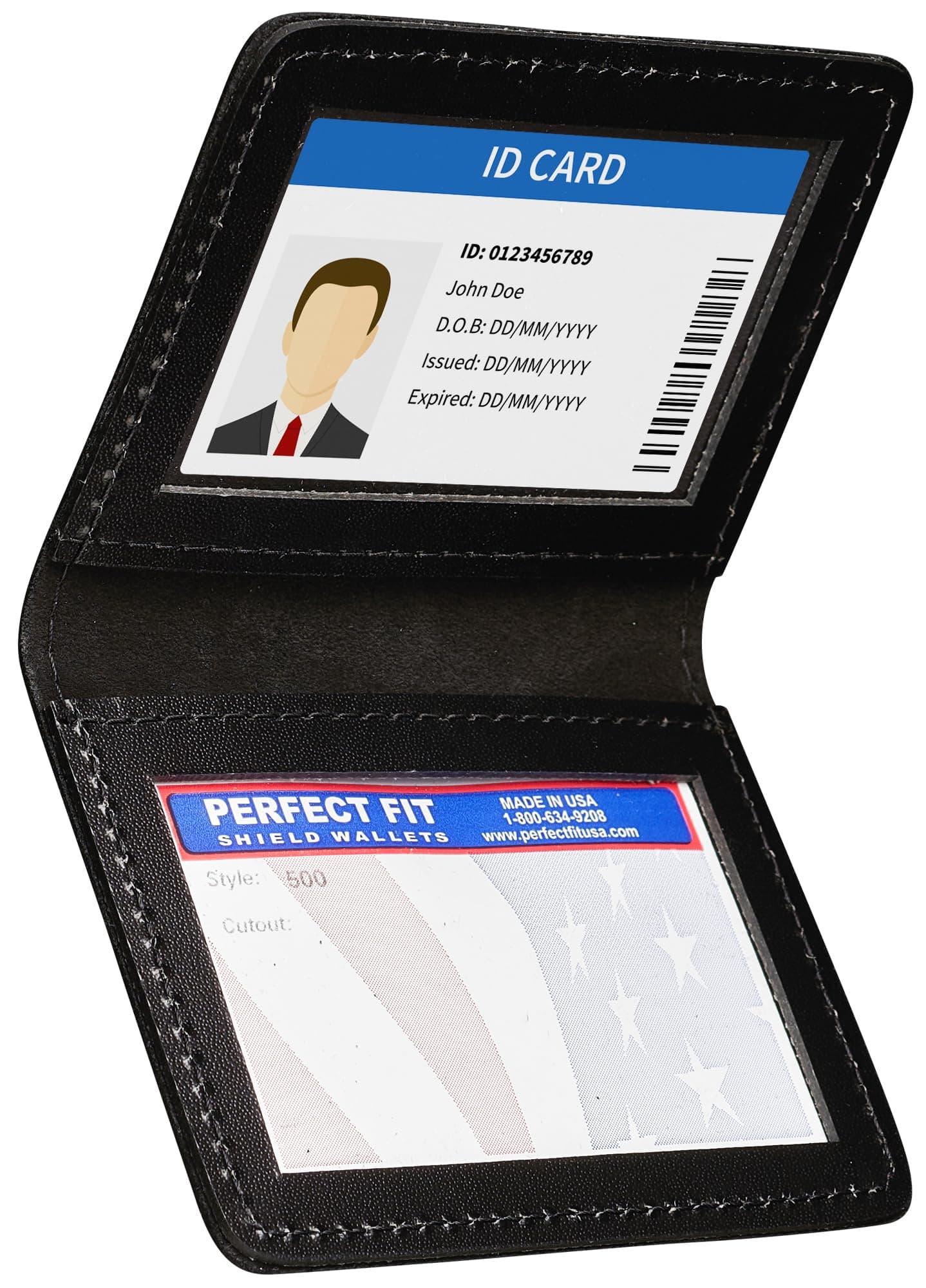 Perfect Fit Shield Wallets Duty Leather 2 ID Leather Bifold License Holder Dual Double I.D. Case Card Permit Slim Wallet (Black)