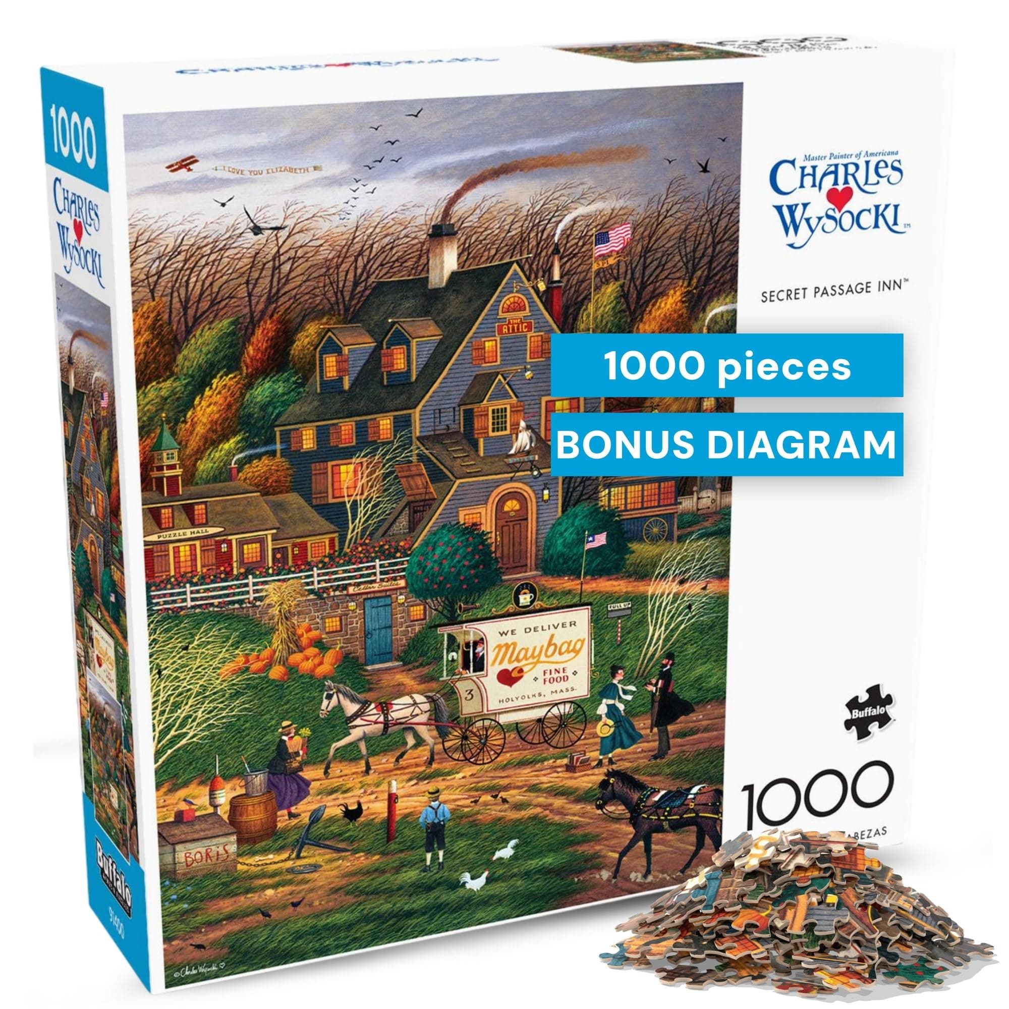 Buffalo Games Secret Passage Inn by Charles Wysocki 1000 Piece Jigsaw Puzzle for Adults Autumn Americana Scene with Reference Poster Made in The USA