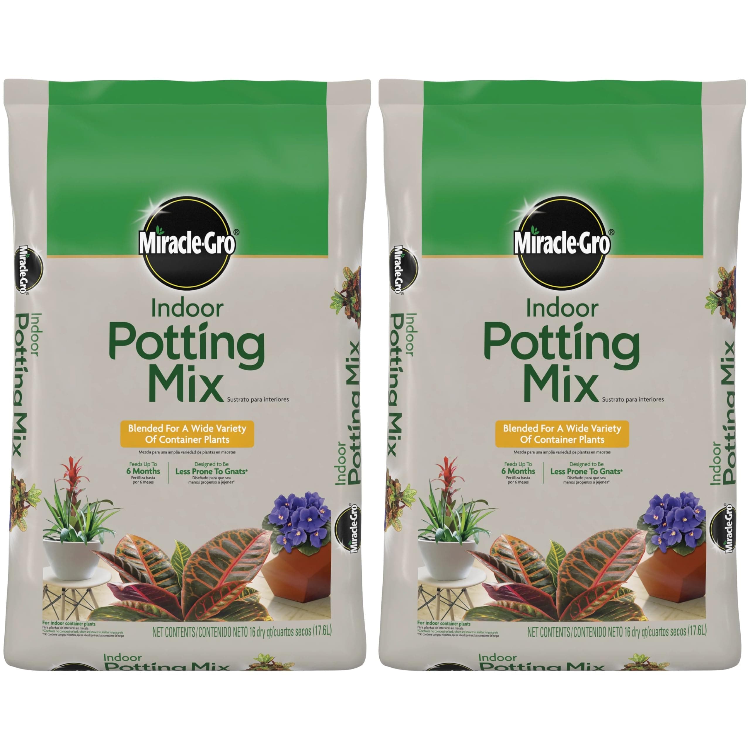 Miracle-Gro Indoor Potting Mix, Blended for a Variety of Houseplants, Feeds for up to 6 Months, 16 qt., 2-Pack