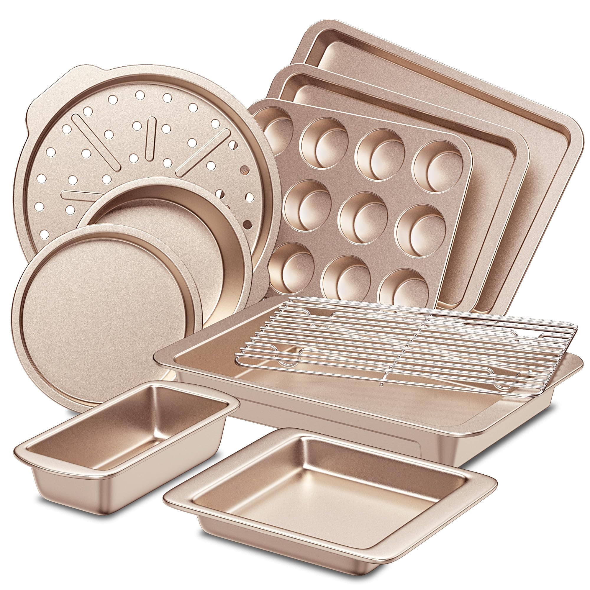 HONGBAKE Bakeware Sets, Baking Pans Set, Nonstick Oven Pan for Kitchen with Wider Grips, 10-Piece Including Rack, Cookie Sheet, Cake Pans, Loaf Pan, Muffin Pan, Pizza Pan - Champagne Gold