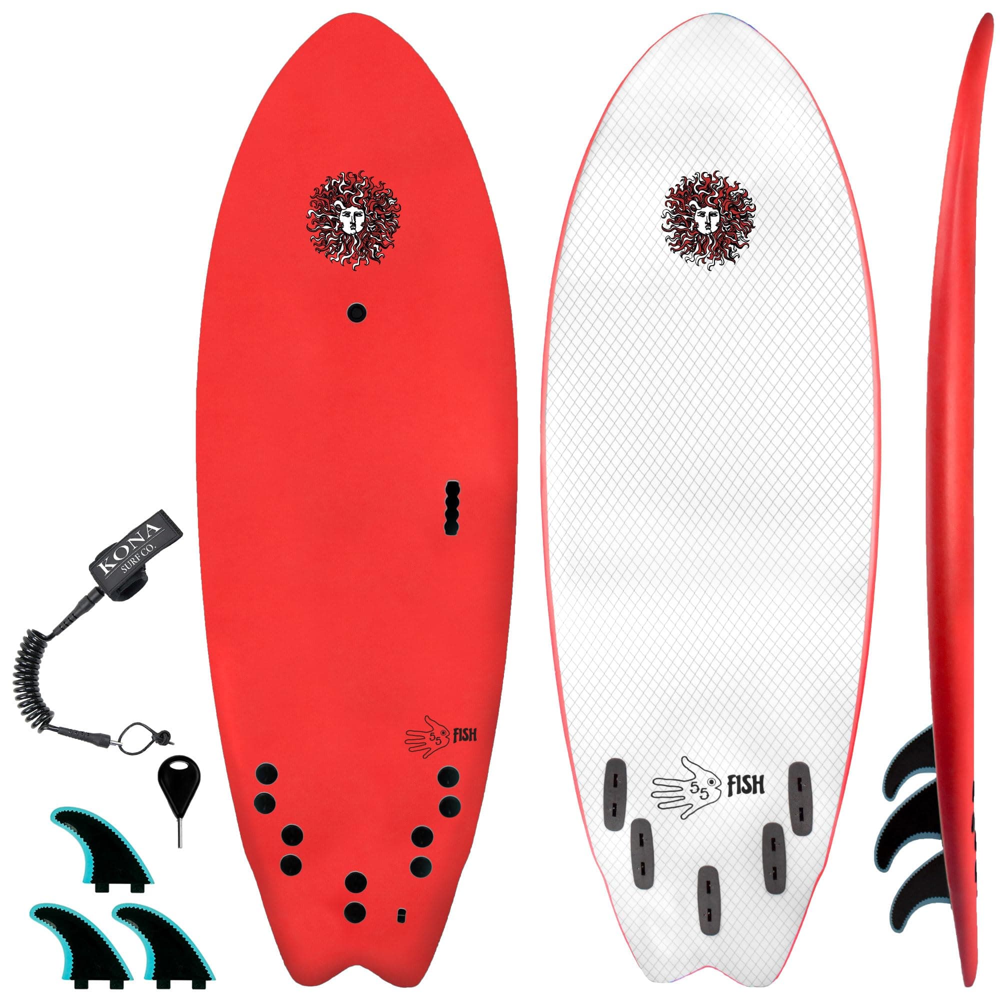 KONA SURF CO. The 5-5 Fish Surfboard for Beginners Kids and Adults - Soft Top Foam Surfboards for Beach â€“ Surf as a Boogie Board Bodyboard or Softboard - Includes Fins and Leash