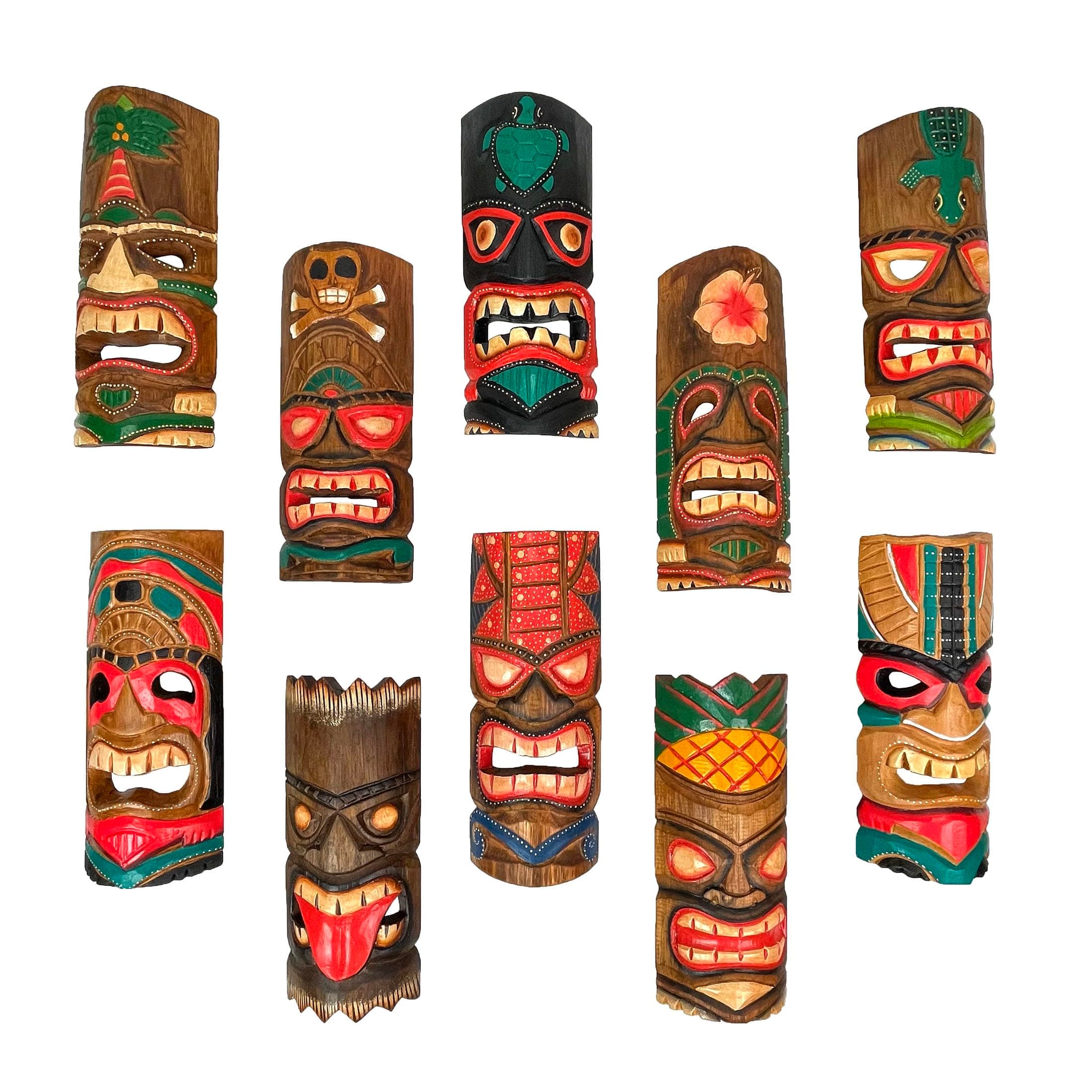 Zeckos Set of 10 Hand Carved Tropical Island Style Tiki Masks 12 Inch