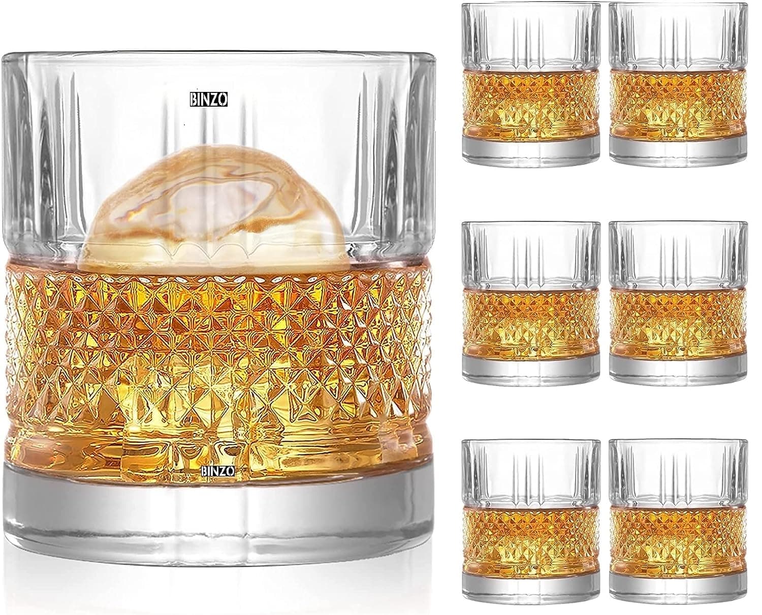 BINZO Whiskey Glasses Set of 6, 300 ml Crystal Whiskey Glass, Premium Imported Glasses for Cocktail, Liquor, Whiskey Gift.
