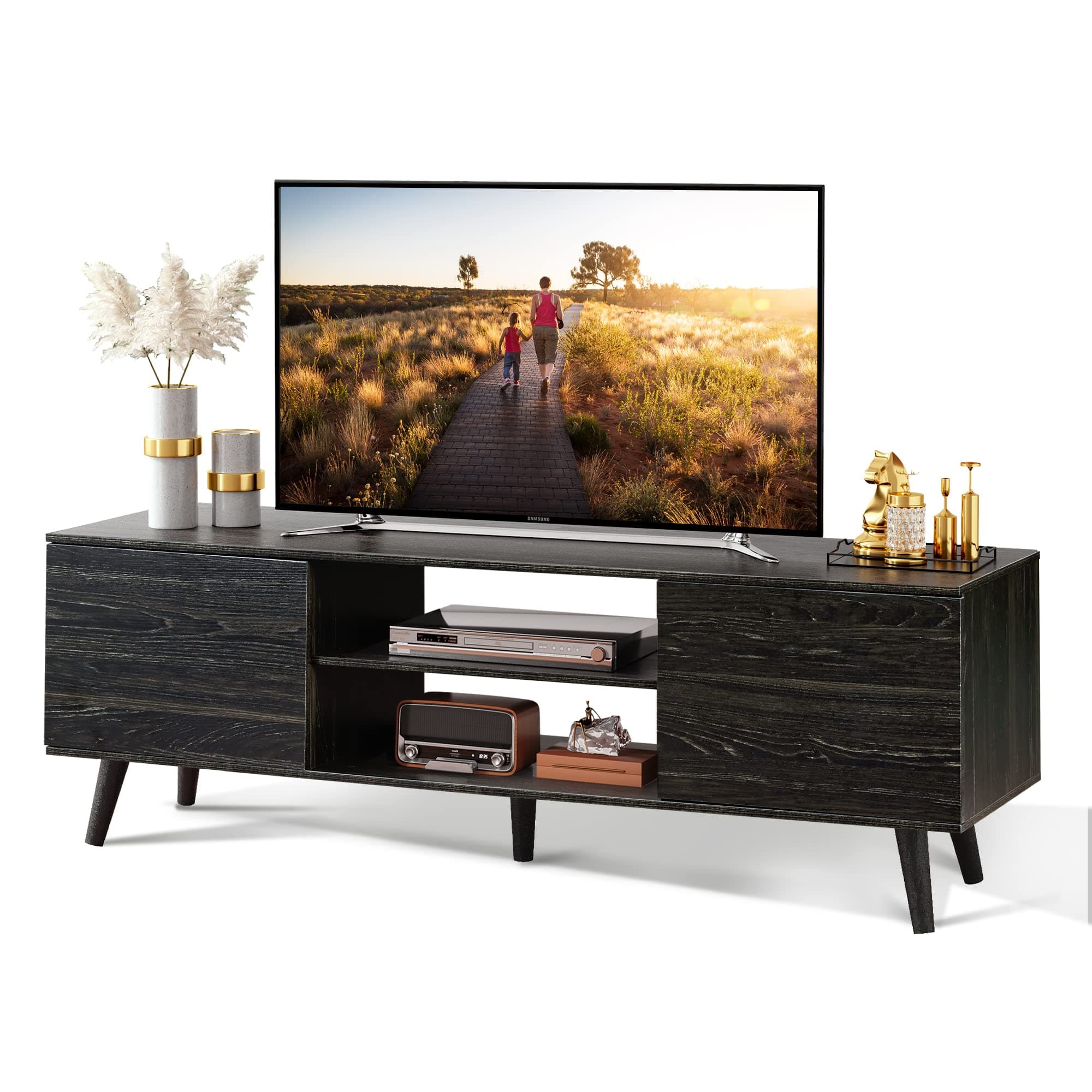 WLIVE TV Stand for 55 60 inch TV, Modern Entertainment Center with Storage Cabinets, Mid Century TV Console Table for Bedroom, TV Stand for Living Room, Charcoal BlackThe Forest Stewardship Council