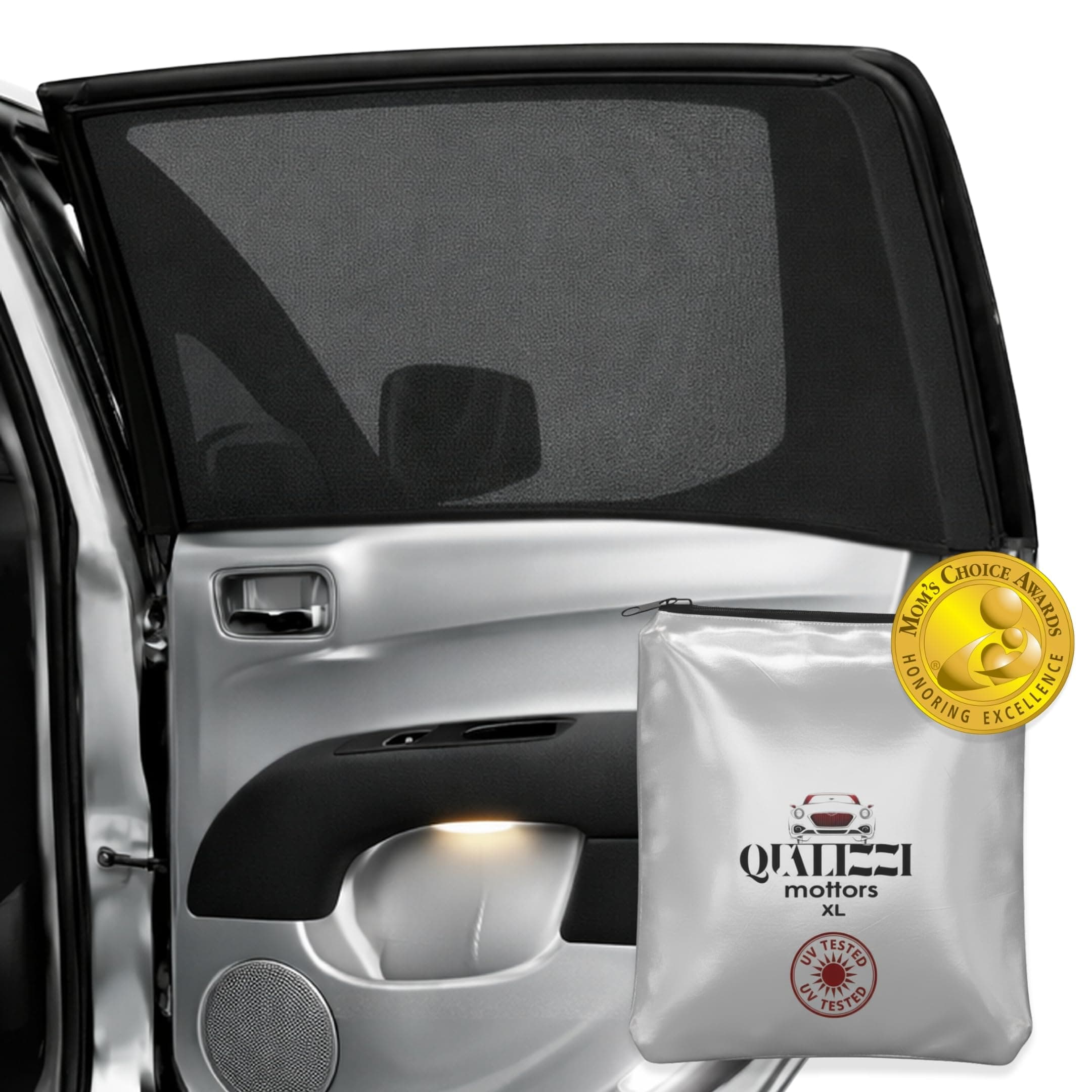 XL/Car Window Shades for Baby (2-Pck/9 Sizes), Breathable Full-Coverage Stretch to Fit Mesh Side Windows Screen - Privacy, Sun, Heat & Bugs Protection, 97% Less UV, Car Camping by Qualizzi®