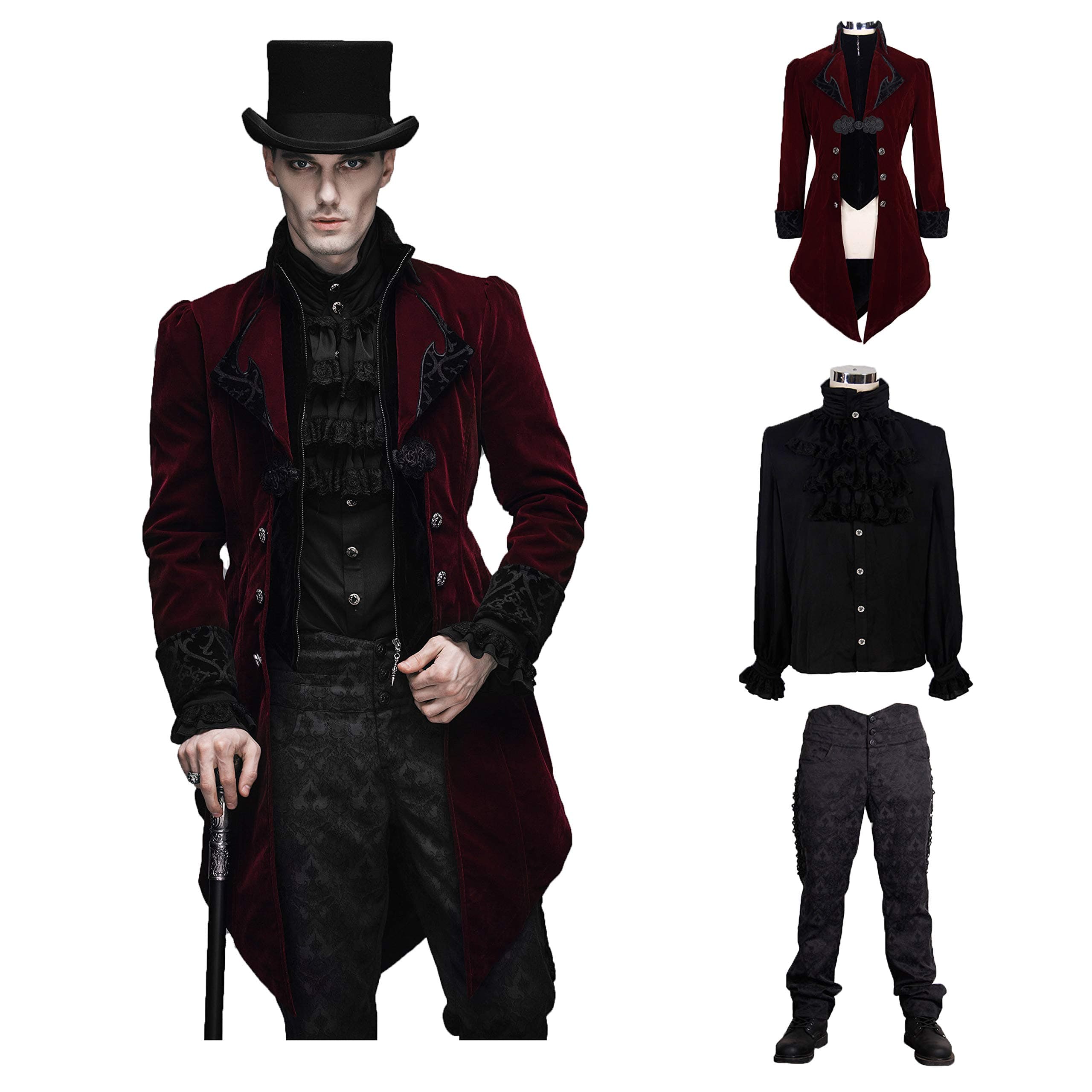 Devil Fashion Men Victorian Gothic Vintage 3-Piece Suit Tailcoat Shirts Pants Set