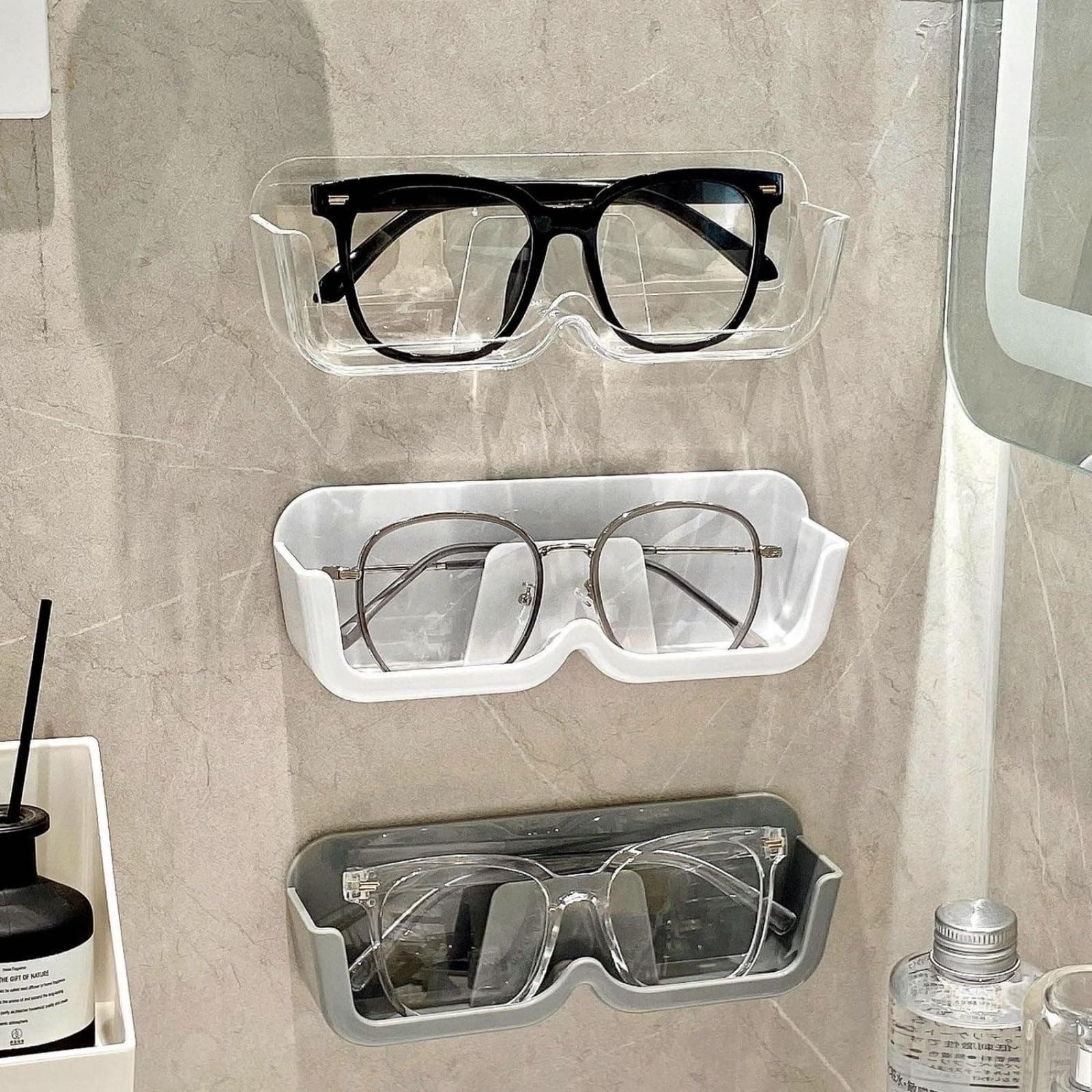 Glasses Storage Rack 3-Piece Set, Glasses Storage Box Wall Hanging No Punching Decorative Glasses Frame Wall Display High-End Sunglasses Storage Rack, Holds Multiple Pairs Glasses (clear)