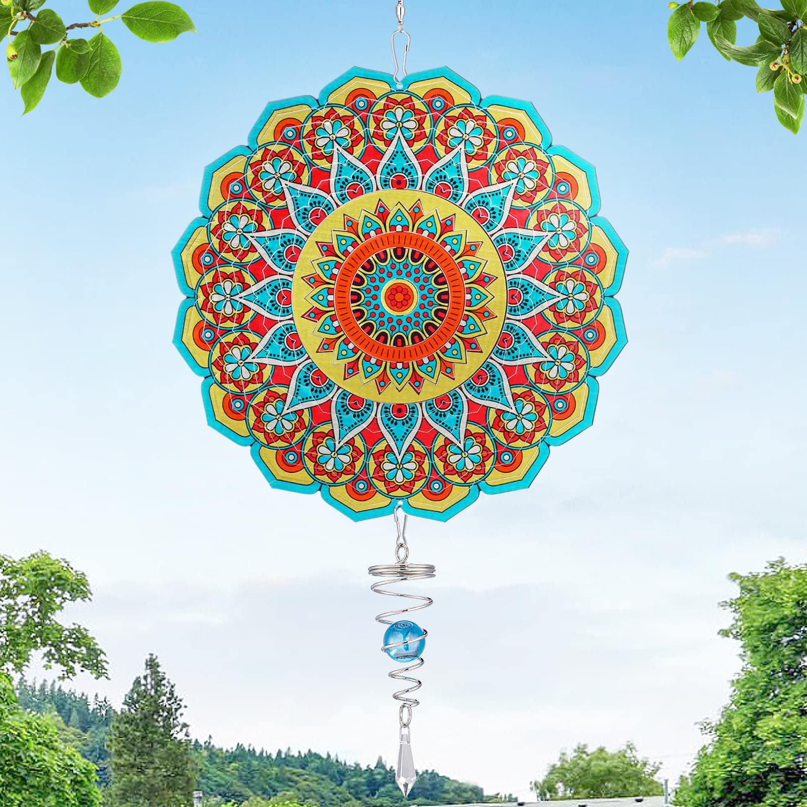 Apipi Mandala Wind Spinner - 3D Stainless Steel Garden Spinner with Blue Ball Spiral Tail, Kinetic Hanging Wind Catcher Sculptures for Indoor Outdoor Yard Art Window Decor