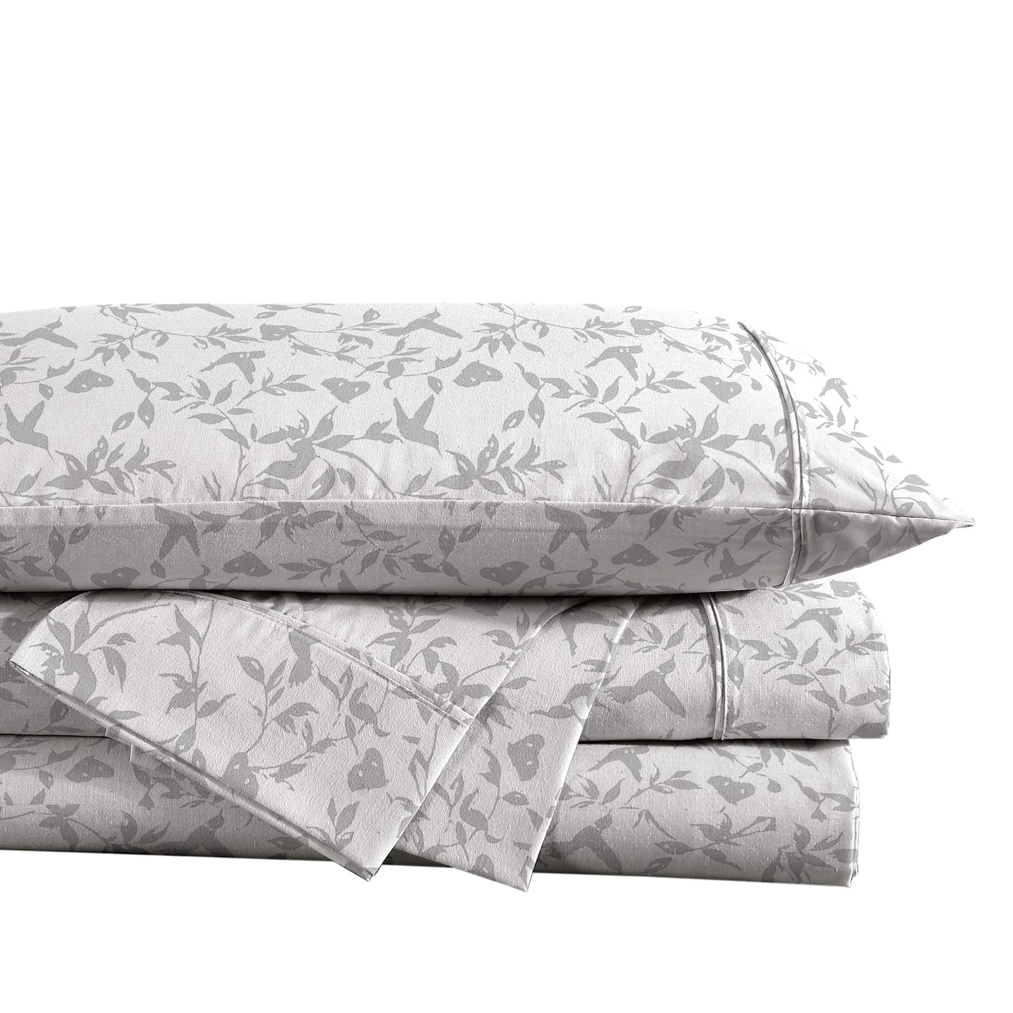 Reborn Recycled Fiber and BCI Cotton Percale Sheet Set, Arna Grey Birds, Queen