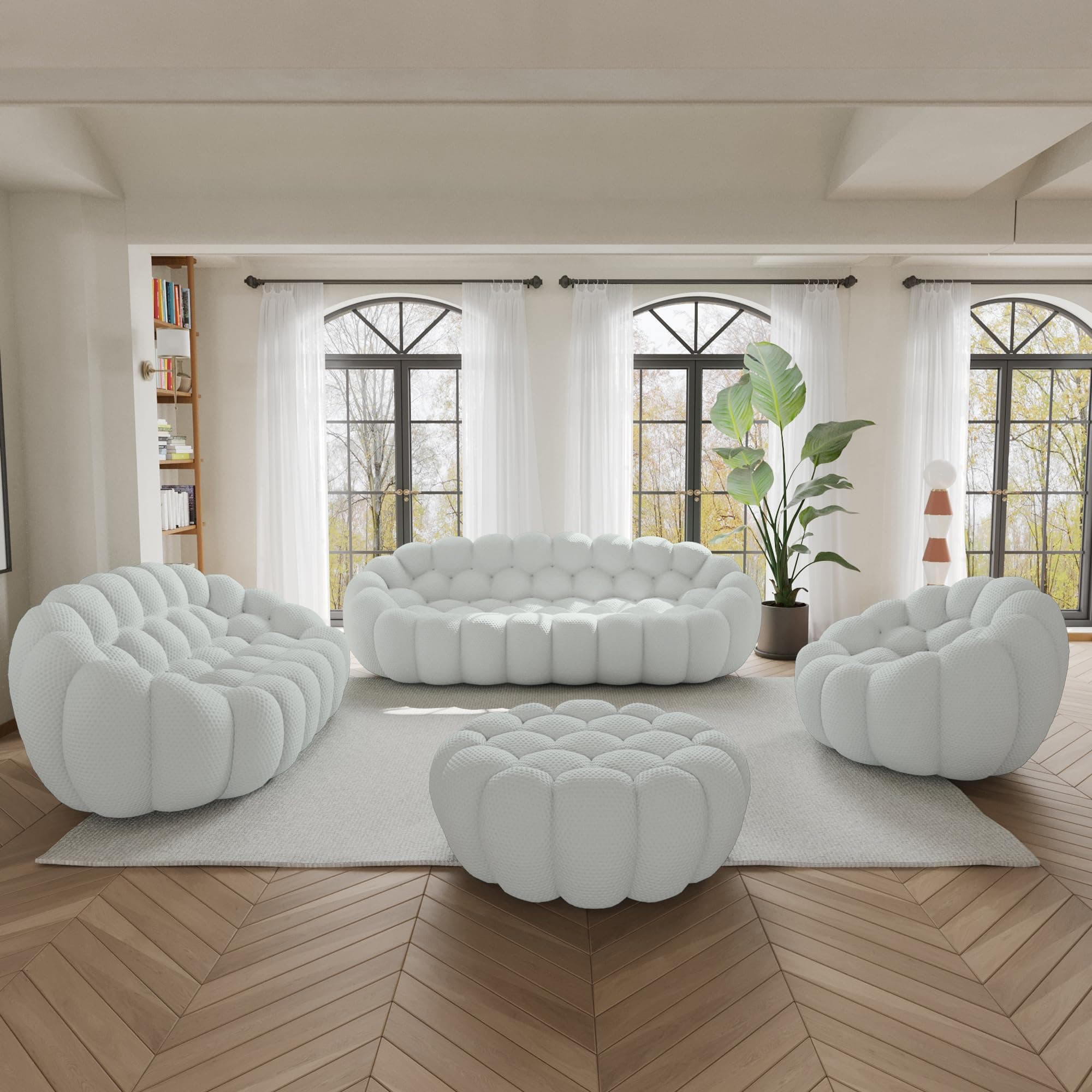 WJShome Modular Sectional Sofa,Bubble Couch Set,Modern Upholstered Bean Bag Sofa Couch with Ottoman,Mesh Fabric Lazy Floor Chair Living Roon Sets (Light Grey, 98.43"+79"+48"+42")