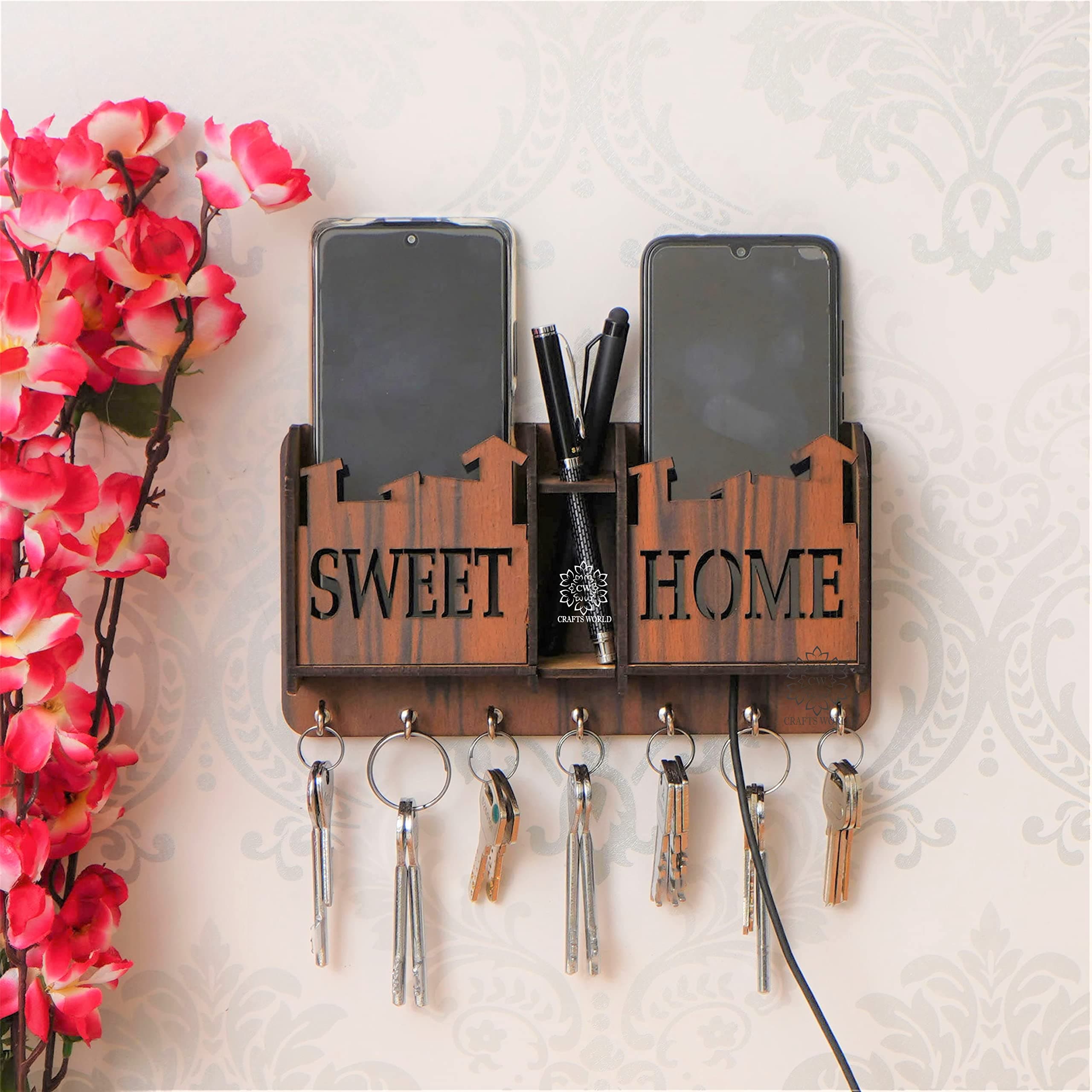 Crafts World CW Home Decorative Wooden Key Holder for Home Decor, Wall Decorative Key Holder for Home Decor, 7 Stainless Steel Hooks Key Holder