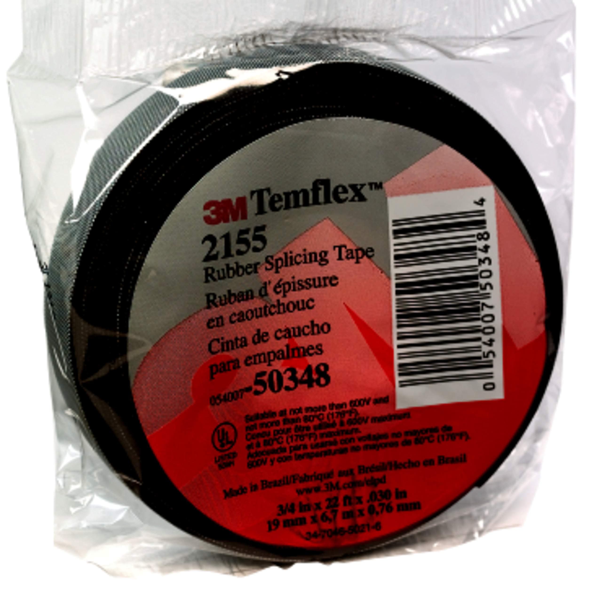 Temflex Rubber Splicing Tape 2155, 3/4 in x 22 ft, Black, General Purpose Self-Fusing Electrical Insulating Tape, 1 Roll