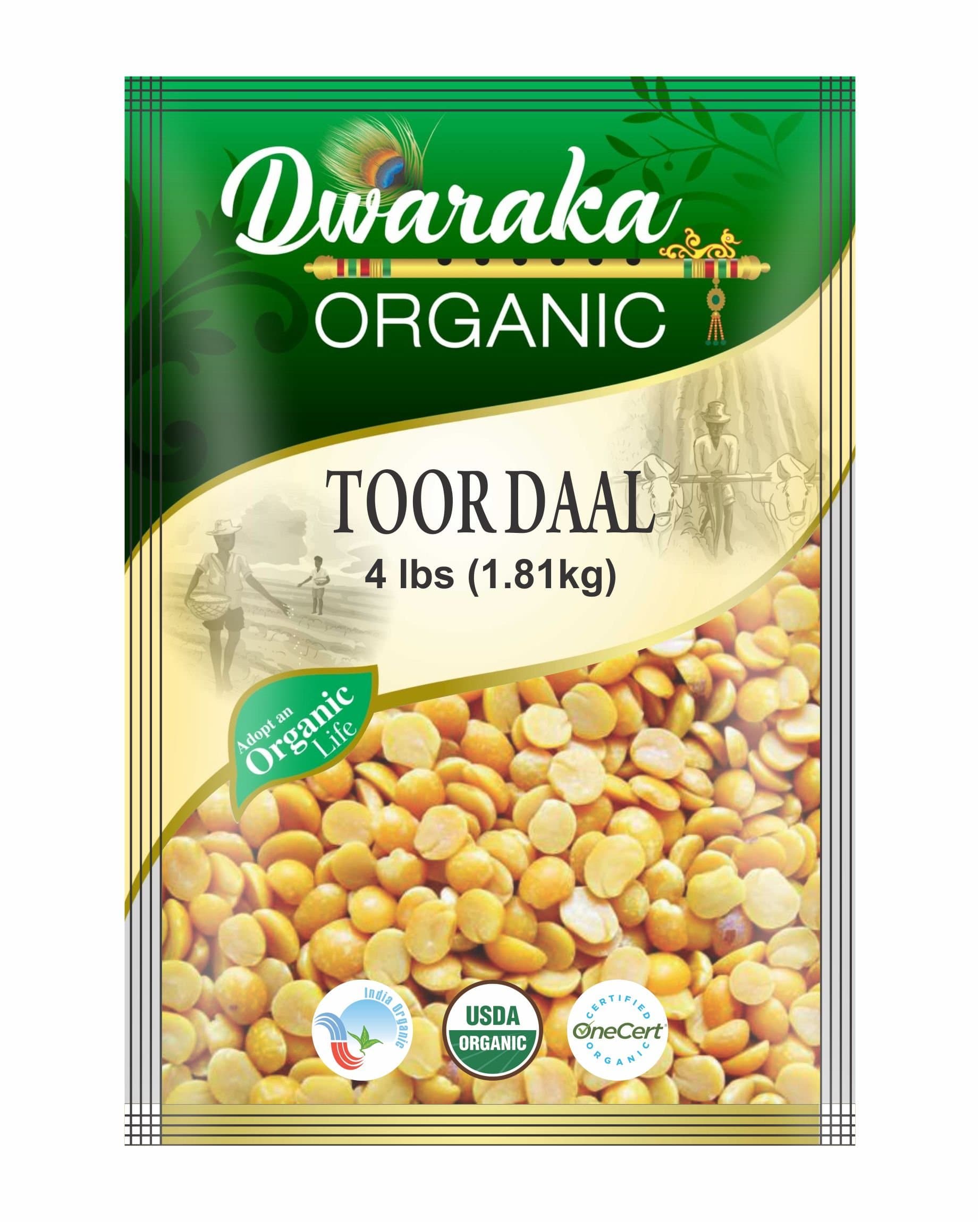 Dwaraka Organic Toor Dal Pigeon Pea Hulled Split Lentil USDA Organic (4 lbs / 1.81 kg)