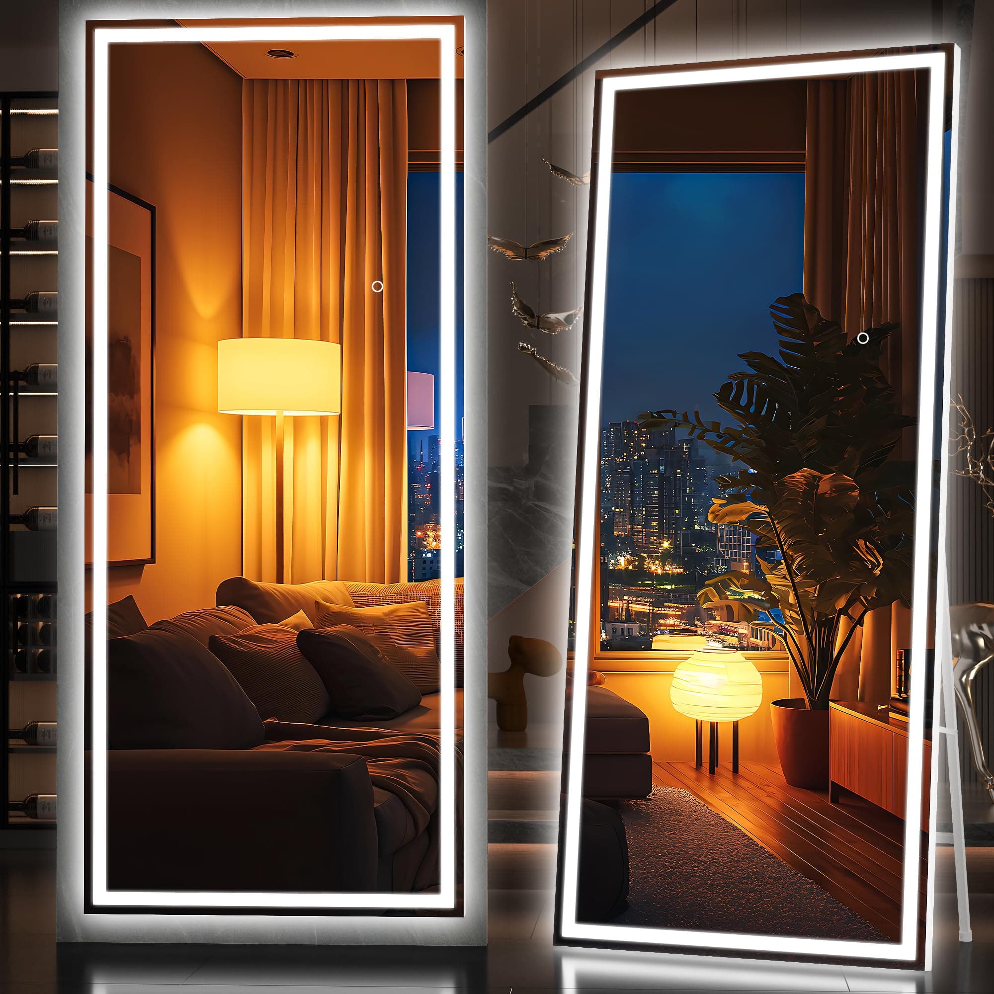 Hasipu Full Length Mirror with Lights, 75" x 28" LED Lighted Floor Standing, Full Body Dressing Hanging Mounted Mirror, Dimmable, Tempered Glass, Safe to Use, Square White