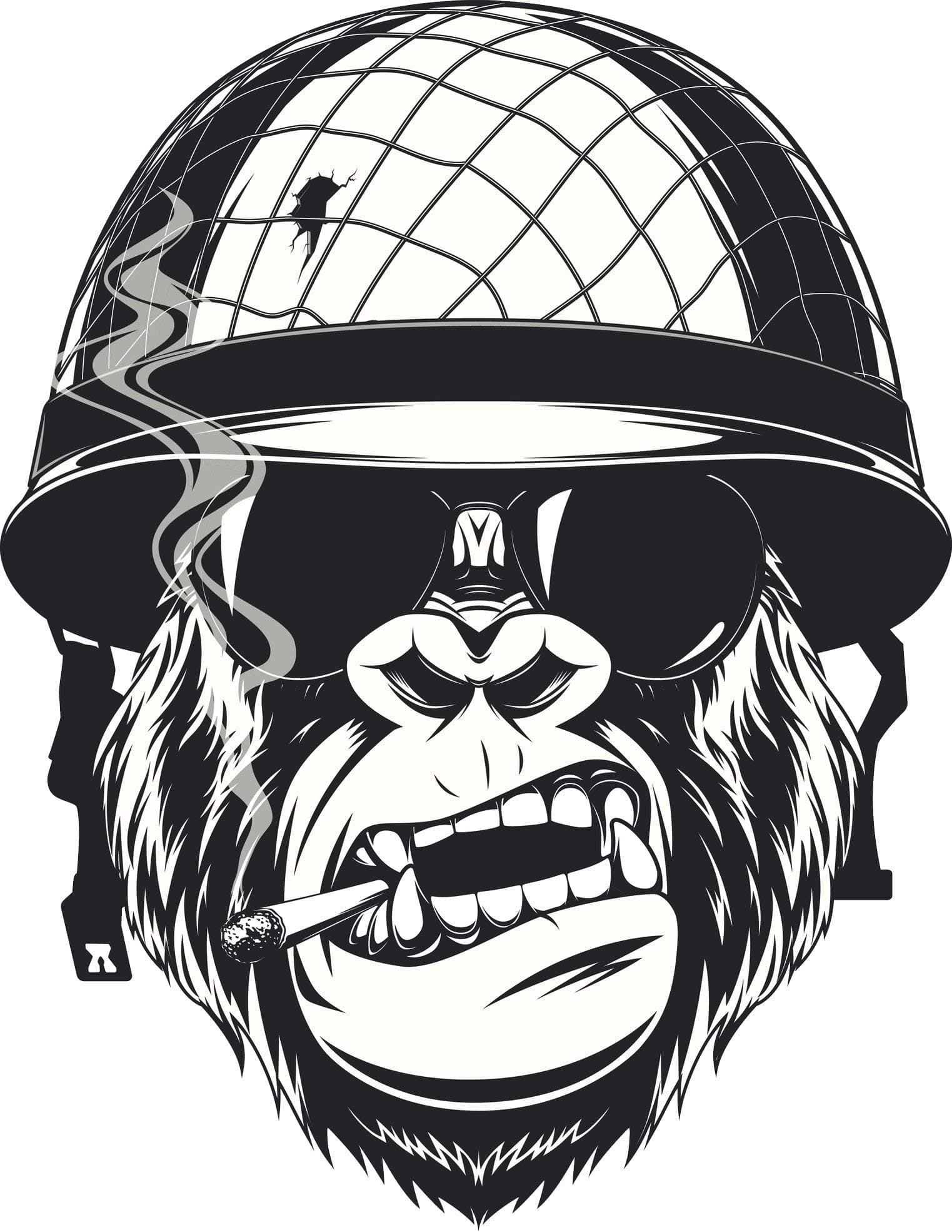 Magnet Cool Black and White Gorilla Monkey Soldier Cartoon Magnetic Vinyl Magnet Bumper Sticker (4" Tall)