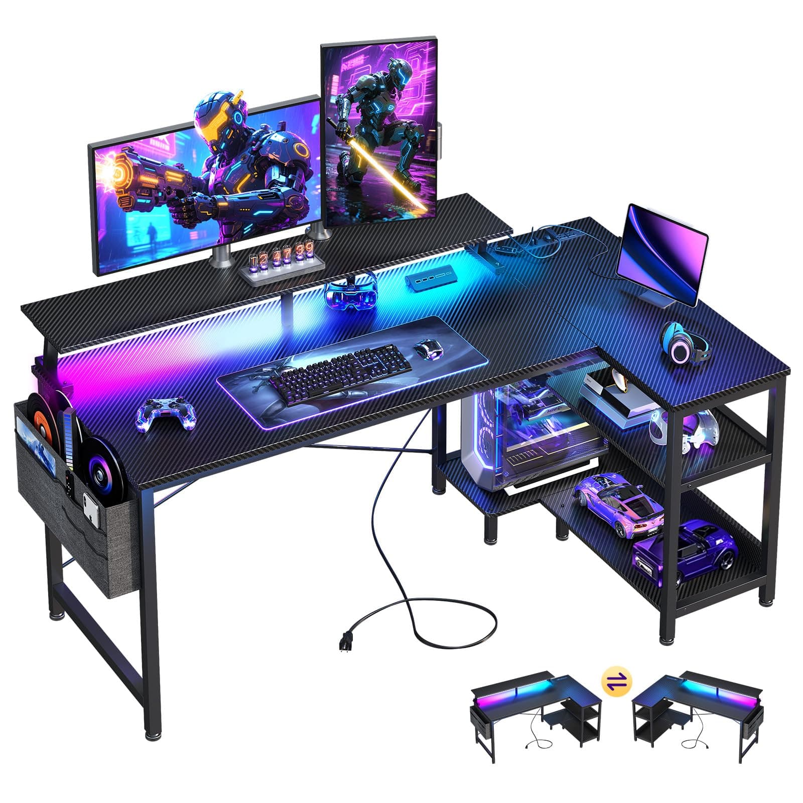 48 Inch Gaming Desk with USB Charging Ports and LED Lights, Reversible L Shaped Computer Desk with Storage Shelves & Monitor Stand, Corner Gamer Desk Table with Power Outlets, Black
