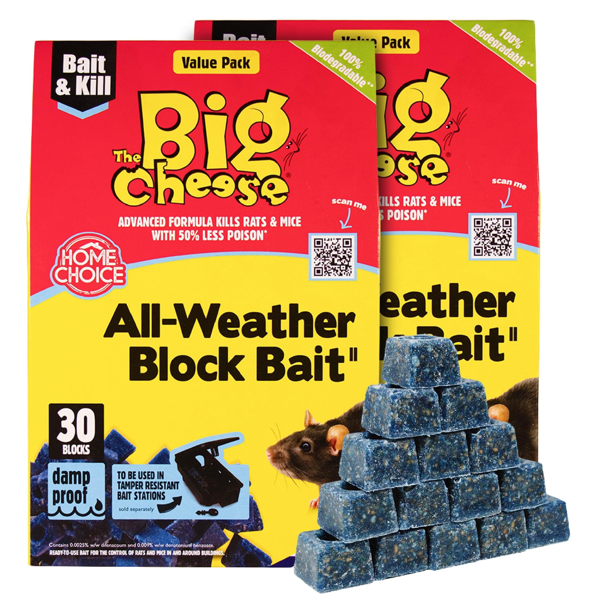 The Big Cheese All-Weather Bait Block Multi Pack x2 - 30 x 10g, Pest Control Product - Rat Killer For Mouse Traps, Damp-Proof, Weather-Resistant - Super Strength Rat Poisoning, Pet Safe
