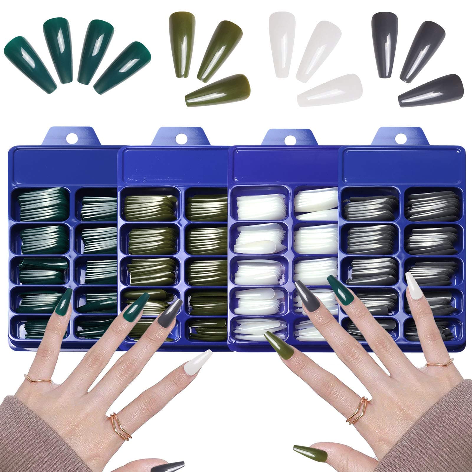 SIUSIO 400Pcs Colorful Coffin Nails Full Cover Press on UV Top Coat Covered Fall Pure Color Ballet Acrylic Fake Nail Extra Long Ballerina False Gel Nails Art Tips for Women and Girls (Green Gary)